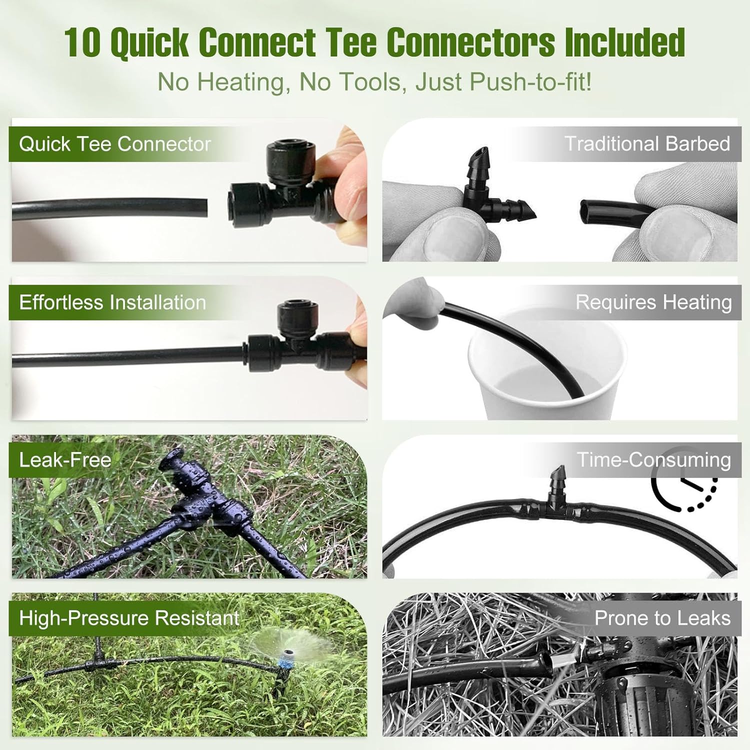 Alternative view of 100FT 1/4 Inch Drip Irrigation Tubing with 10 Pack Push-to-Connect 1/4" Tee Connectors, Distribution Drip Line Hose & Universal Tee Fitting, for Drip Irrigation Parts or Drip System and Misting System