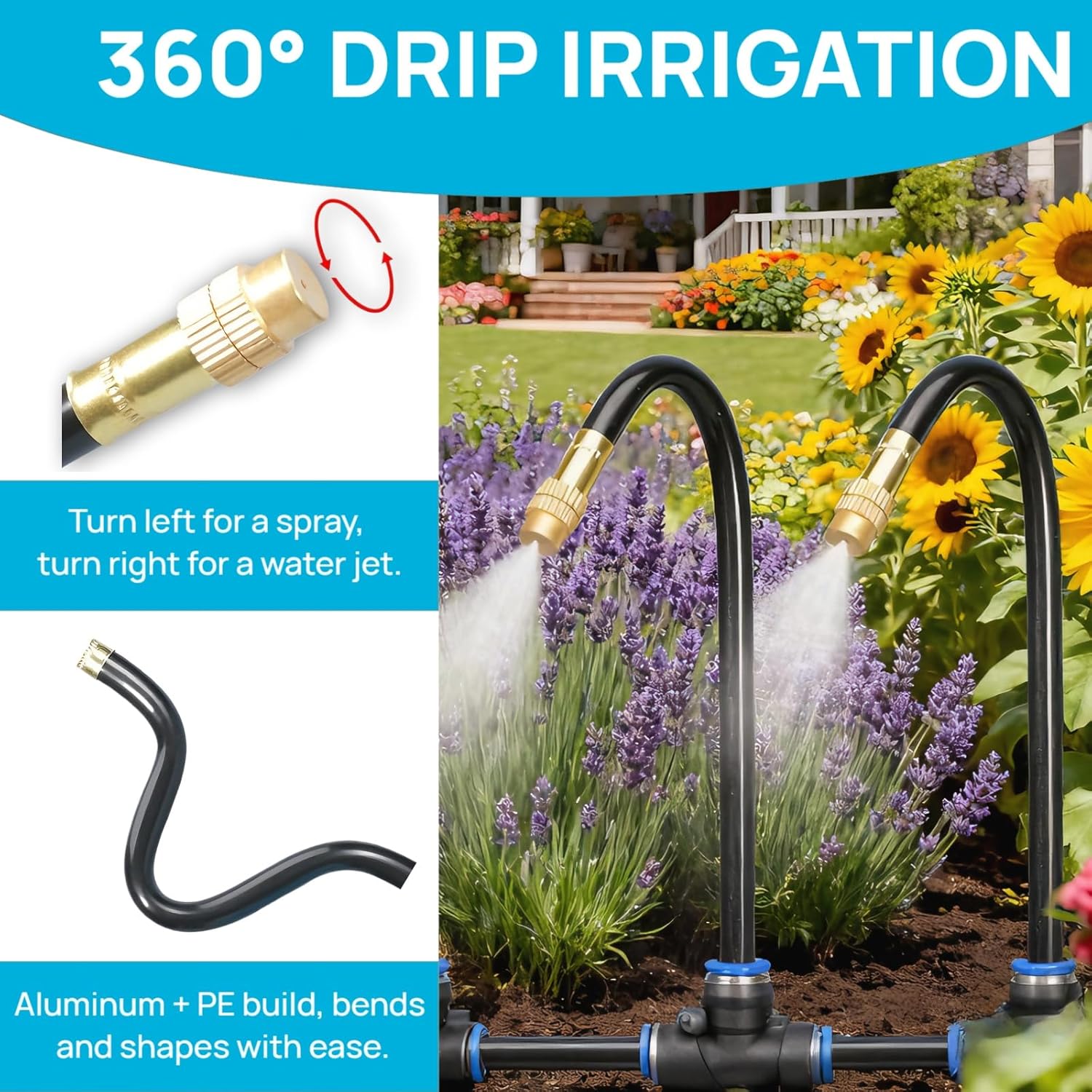 Alternative view of 360° Adjustable Drip Irrigation System - 50FT 15/32inch Hose, High Water Flow,No Drying Out,Garden Watering Atomizing System with 16 Copper Nozzles,Suitable for Gardens, patios, Plants, Farms