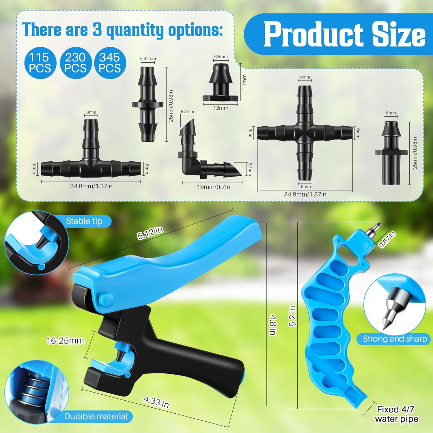 Alternative view of Feekoon Drip Irrigation Punch Hole Tubing Cutter Tools with Barbed Connectors, 2-in-One Drip Tubing Hole Punch for 1/4 Inch Fitting 16 20 25 mm PE Pipe and Emitter(115 Irrigation Plugs)