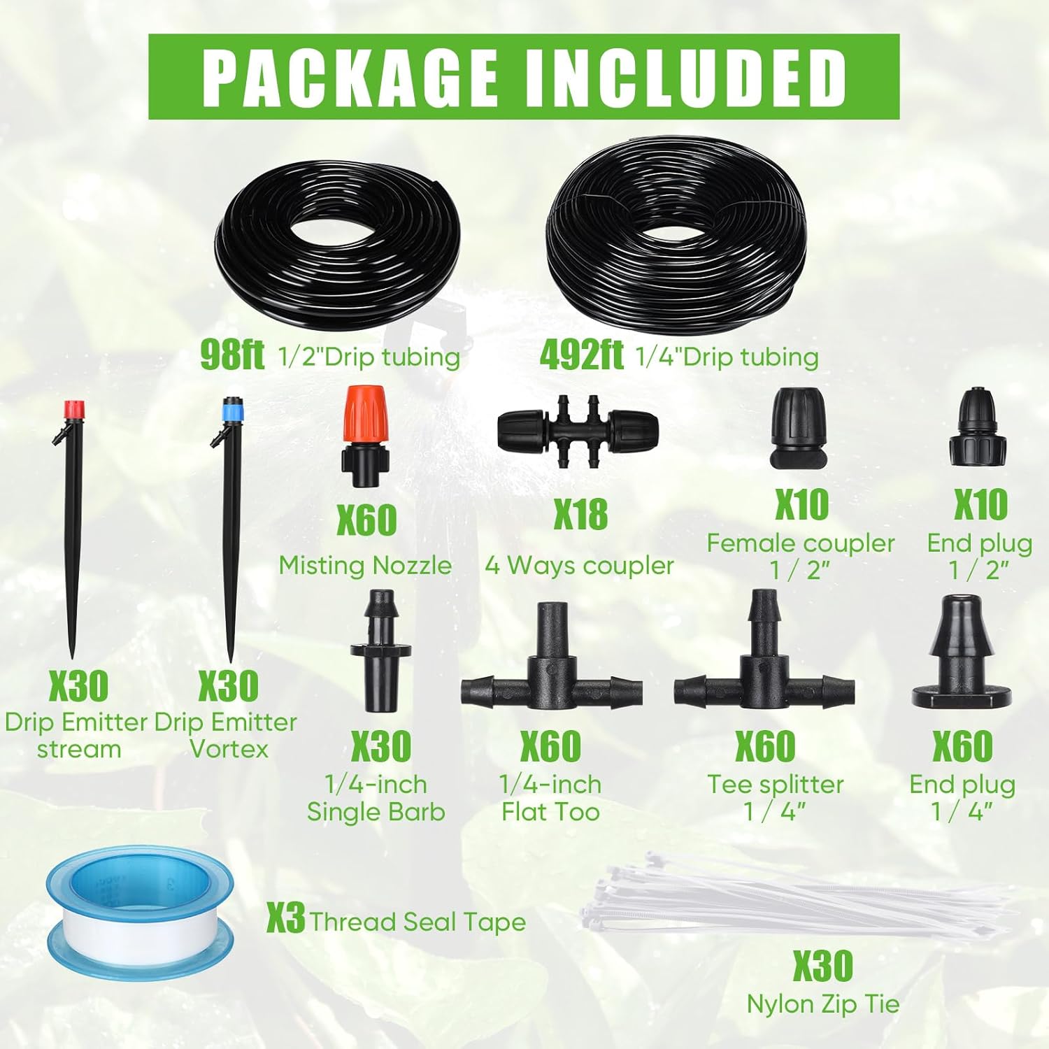 Frienda 590 ft Drip Irrigation System Kit Misting Plant Watering System with 1/4 inch 0.12 inch Irrigation Tubing Hose Adjustable Nozzle Emitters Barbed Fittings for Garden Yard Lawn