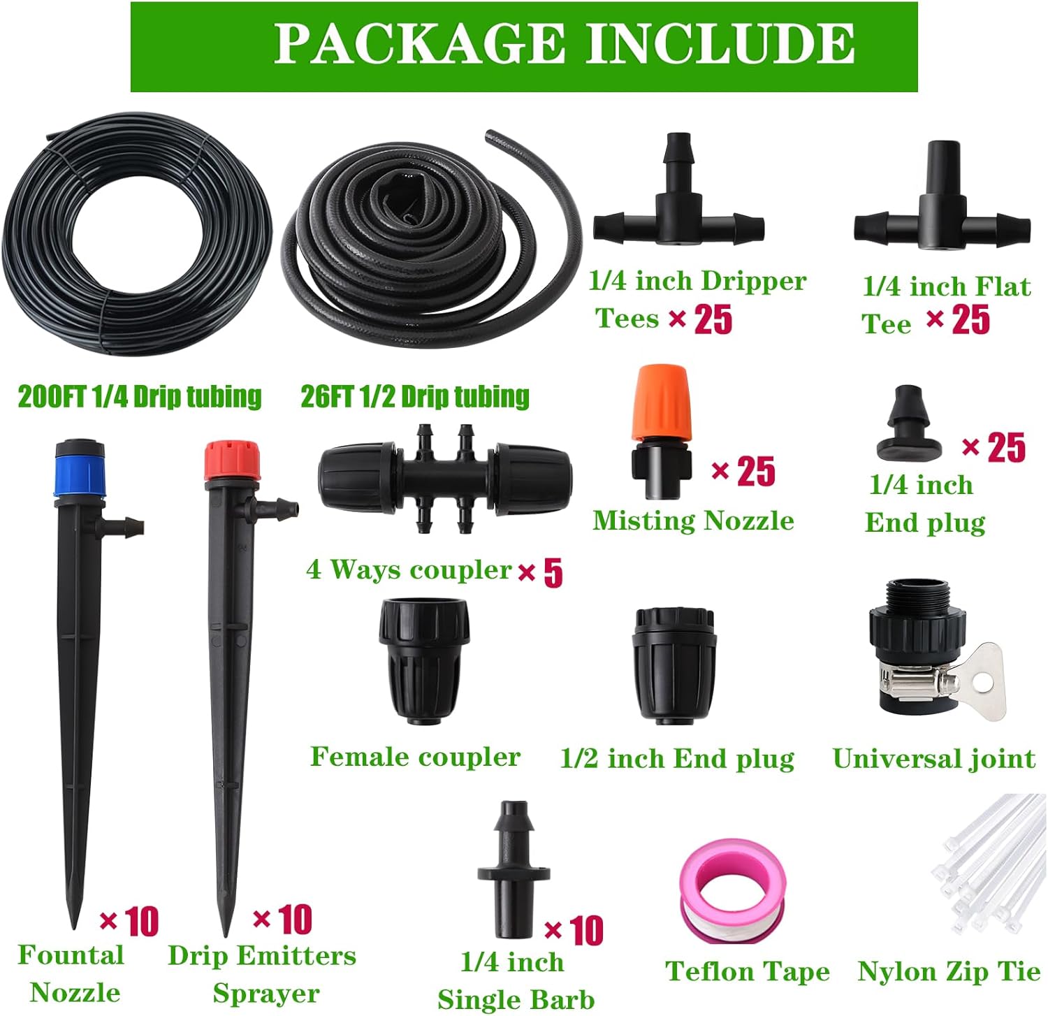 Alternative view of 226FT Greenhouse Micro Drip Irrigation Kit Automatic Irrigation System Patio Misting Plant Watering System with 1/4 inch 1/2 inch Blank Distribution Tubing Hose Adjustable Nozzle Emitters Sprinkler