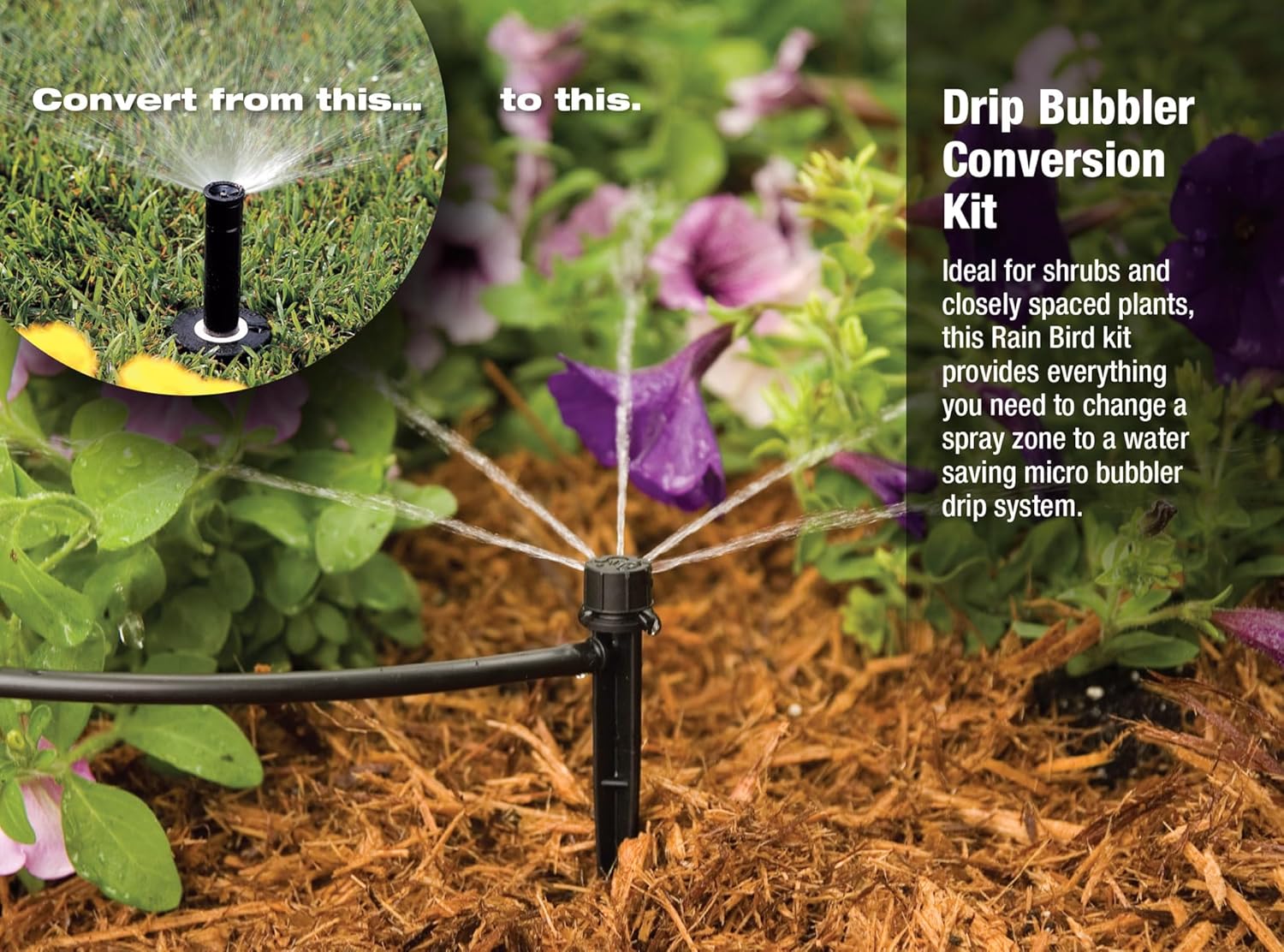 Rain Bird CNV182MBS Drip Irrigation Sprinkler Conversion Kit, 1800 Pop-Up to 6 Drip Micro Bubblers with 1/4" Tubing - Image 4