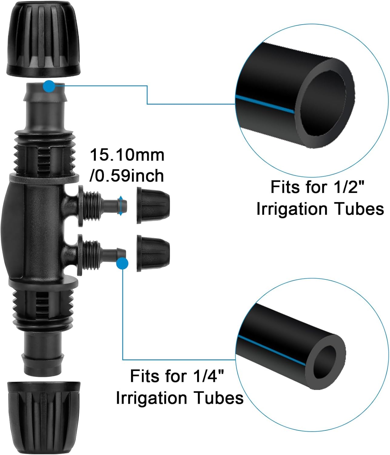 1/2 to 1/4 Drip Irrigation Fittings,20Pcs 4-Ways Barbed Tee 1/2 inch Drip Irrigation Tubing (1/2" ID x0.6-0.63" OD) 16mm to 1/4 inch Irrigation Tube Fitting Anti-Drop Barbed Connectors