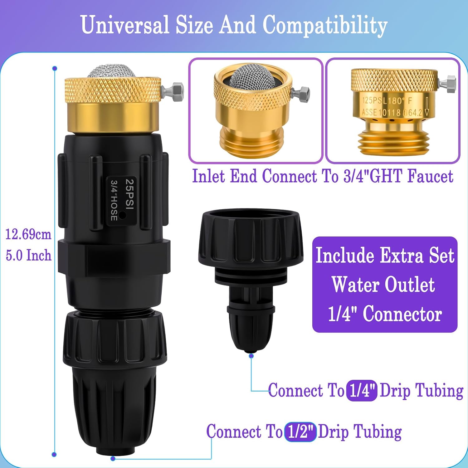 Drip Irrigation Faucet Adapter Kit, 25 PSI Regulator with Filter, Backflow Preventer, 3/4" GHT Faucet to 1/2" & 1/4" Tubing, Plumberu2019s Tape, Universal Garden Watering System Fittings (1-Pack Kit)