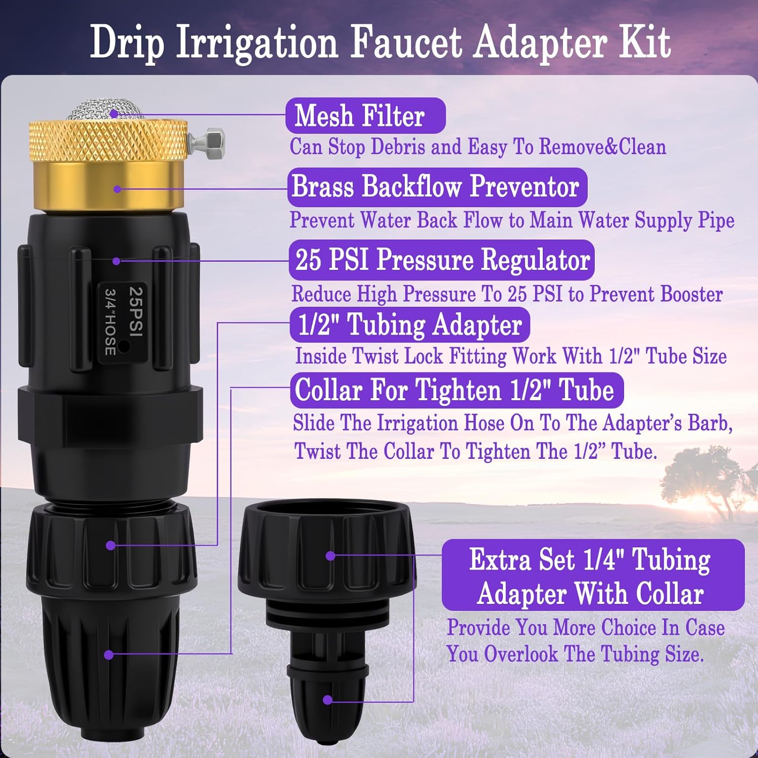 Alternative view of Drip Irrigation Faucet Adapter Kit, 25 PSI Regulator with Filter, Backflow Preventer, 3/4" GHT Faucet to 1/2" & 1/4" Tubing, Plumberu2019s Tape, Universal Garden Watering System Fittings (1-Pack Kit)