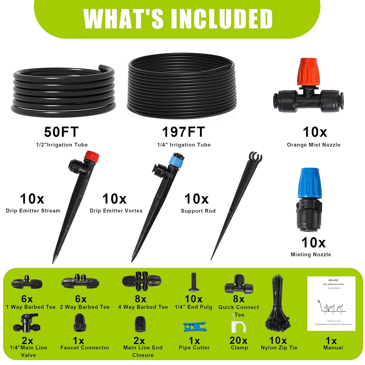 MSLANE Drip Irrigation Kit Automatic Watering System 247FT Misting Sprinkler DIY Devices with 1/4" & 1/2" Tubing Hose, Adjustable Nozzle Emitters, Quick Connectors for Greenhouse, Garden, Patio
