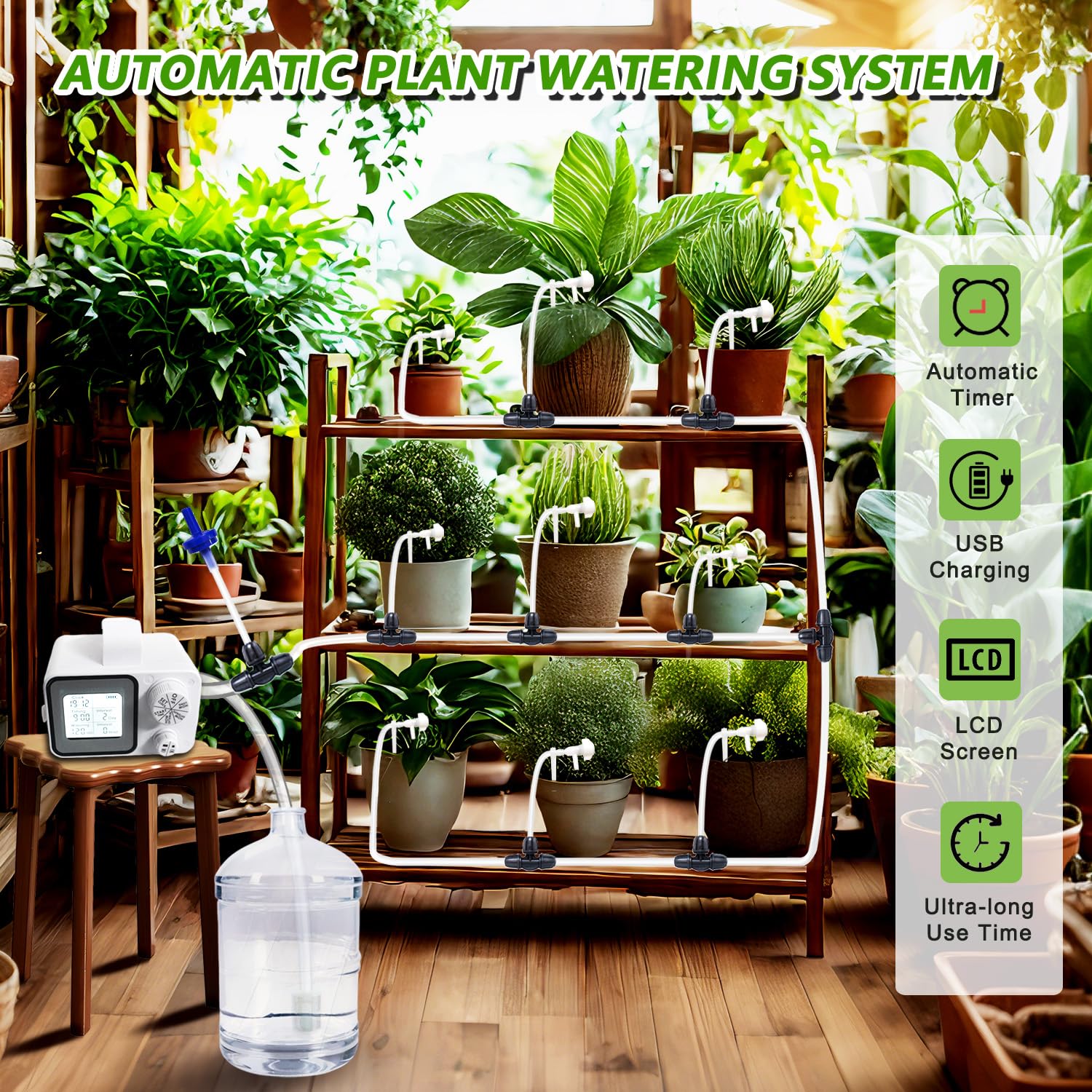 Automatic Plant Waterer Indoor for 15 Potted Plants, Drip Irrigation Kit with Adjustable Emitters & Lockable Tee Connectors, Digital Programmable Timer, Auto Watering System Devices
