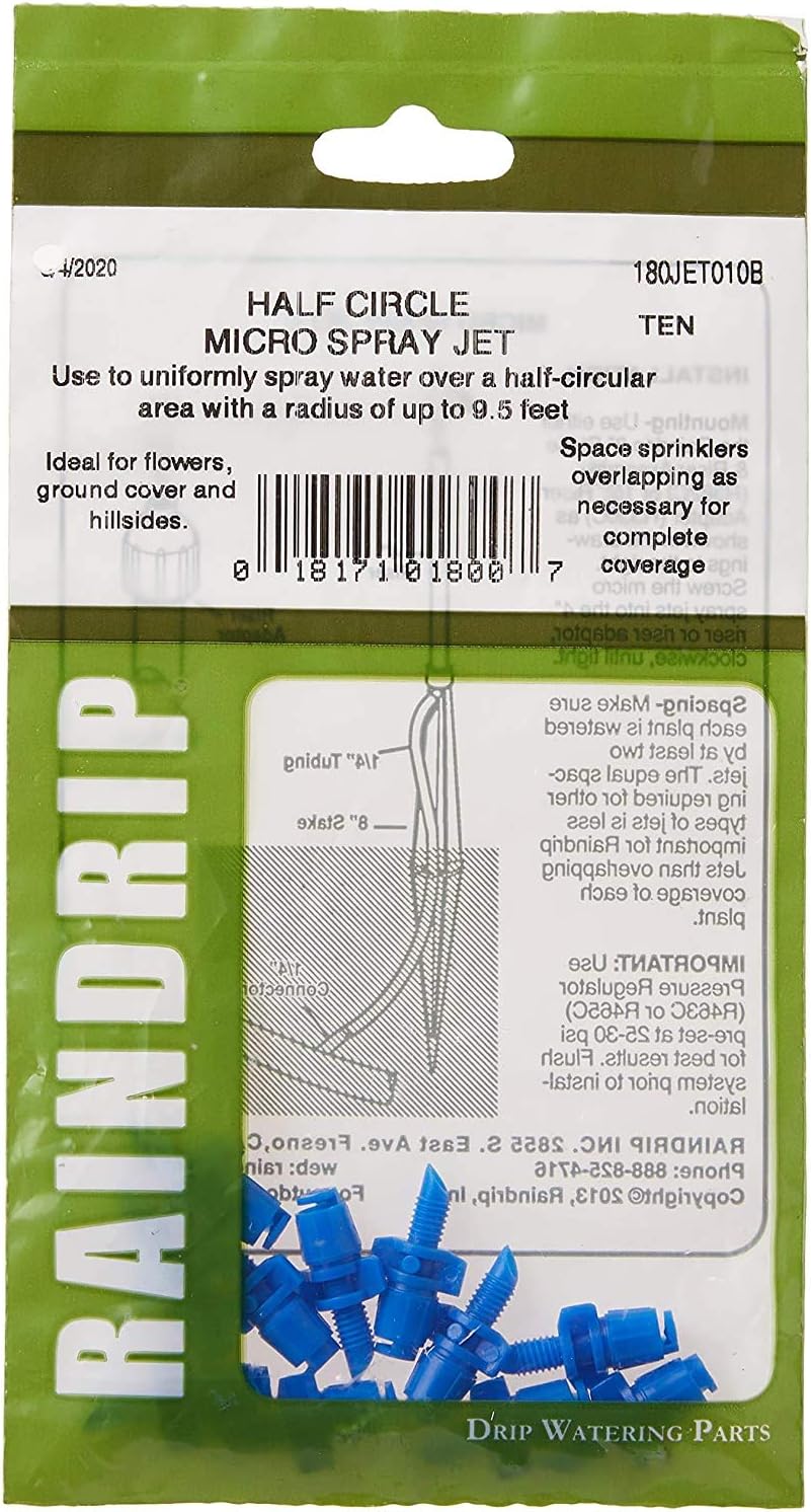 Raindrip 180JET010B, Micro Spray Jet, Half-Circle Pattern, Fan Spray, with 10-32 Threaded Inlet, Drip Irrigation Emitters for Drip Irrigation Gardening Systems, 10-Pack, Blue - Image 3