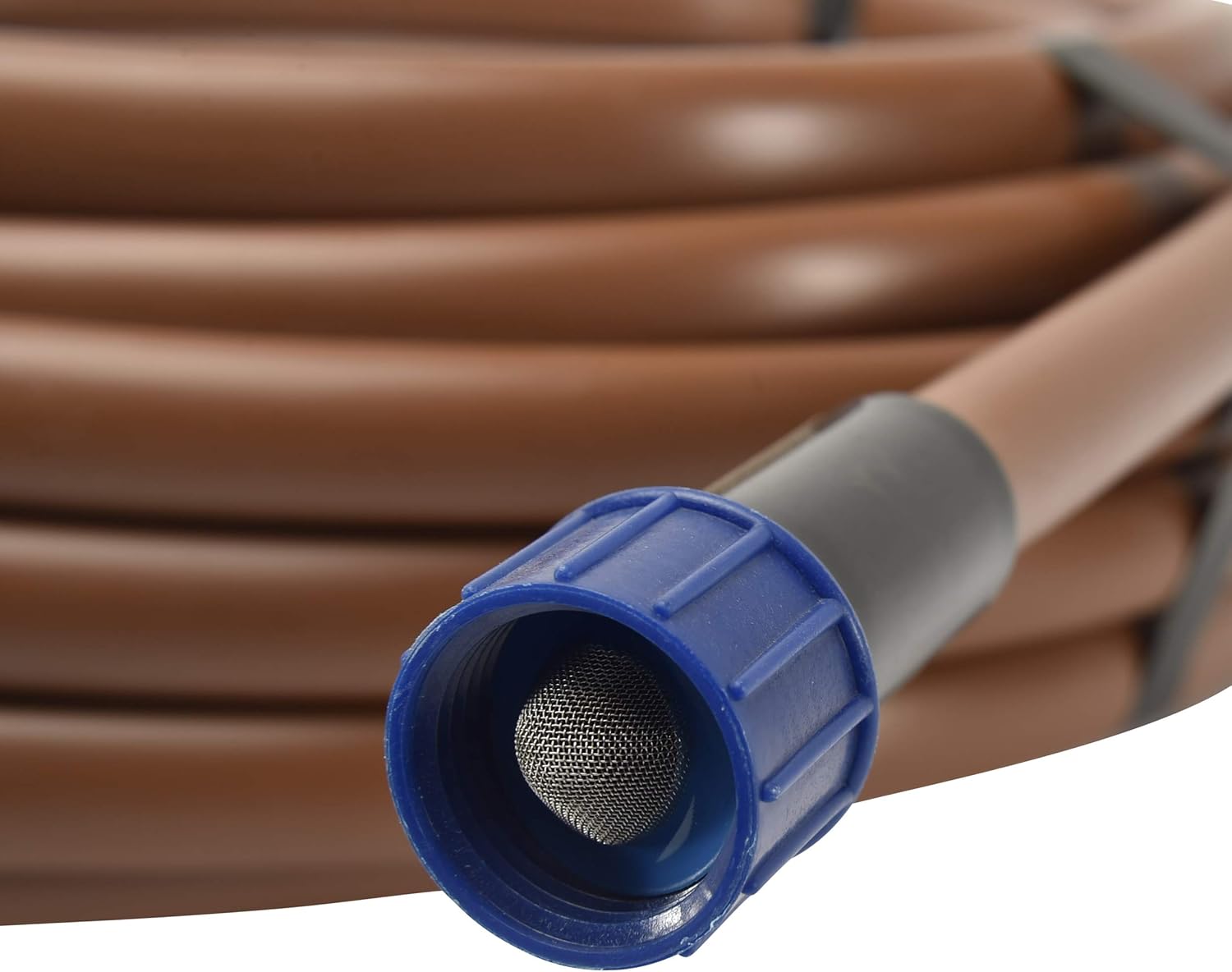Raindrip SDT50P 5/8-Inch Drip Irrigation Supply Tubing, 50-Foot, with Hose Thread Swivel Adapter and End Plug, for Irrigation Drippers, Drip Emitters and Drip Systems, Made with polyethylene, Brown