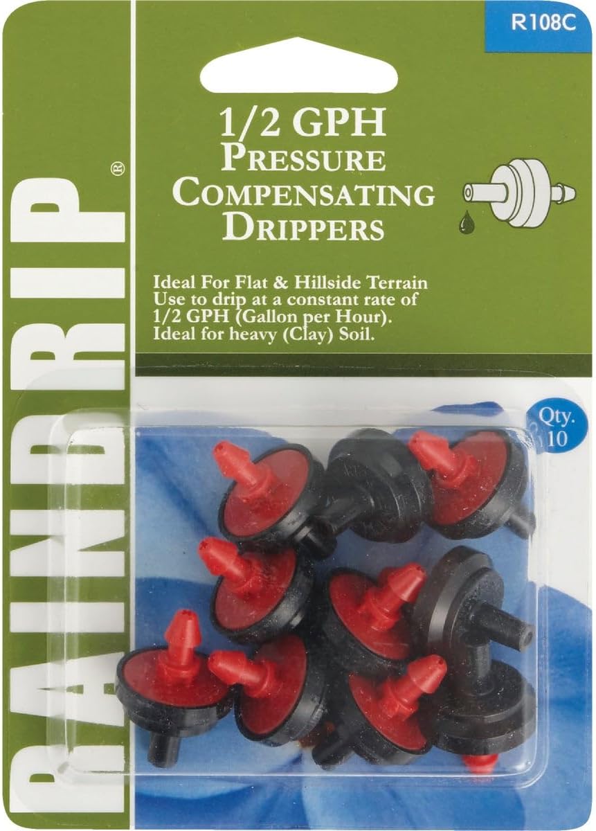Raindrip R110CT 1 GPH Pressure Compensating Dripper, Drip Irrigation Emitters for Drip Irrigation Gardening System, Maintains Constant Water Flow, 10-Pack, Black