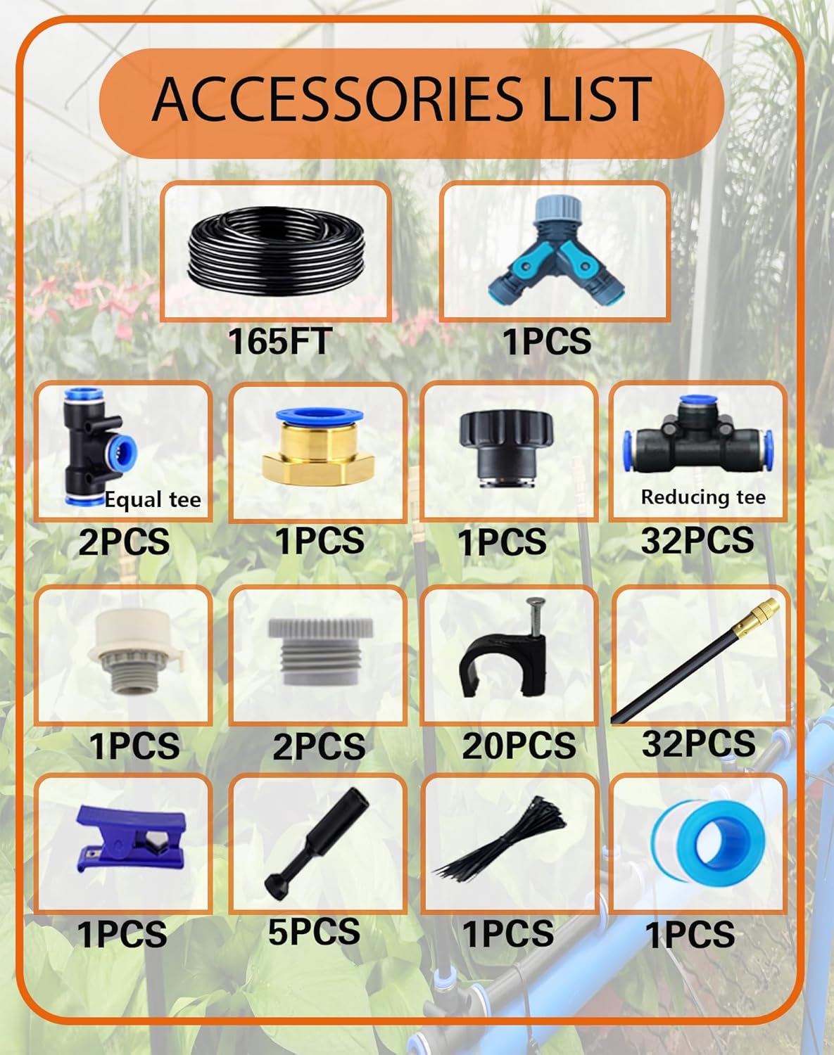 Drip Irrigation System, 360 Degree Adjustable Garden Sprinkler, High Output Mist Spray Nozzle for Potted Plants, Easy Connect & Rotating Head, Customizable Water Flow (165FT+32spray nozzles)