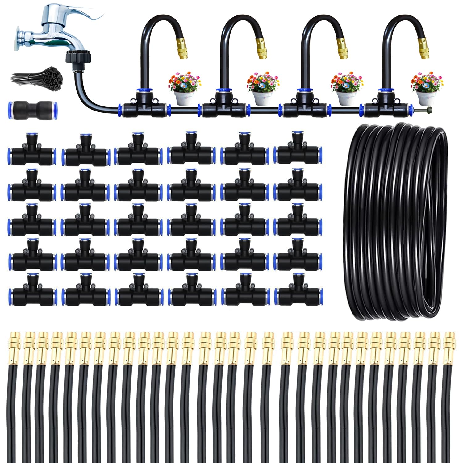 Greenhouse Drip Irrigation Kit Automatic Irrigation System 360°Adjustable 20 Brass Spray Nozzles 12mm Irrigation Tubing Hose Patio Misting Plant Watering with 65Ft Blank Distribution Tubing Hose - Image 6