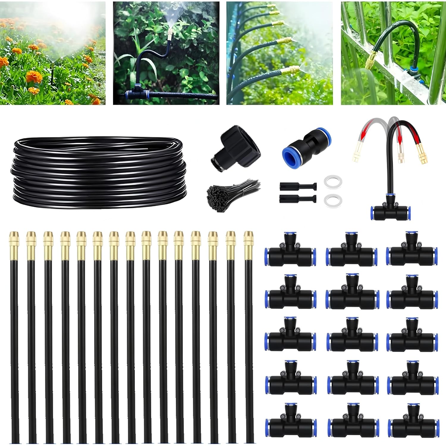 Greenhouse Drip Irrigation Kit Automatic Irrigation System 360°Adjustable 20 Brass Spray Nozzles 12mm Irrigation Tubing Hose Patio Misting Plant Watering with 65Ft Blank Distribution Tubing Hose - Image 7