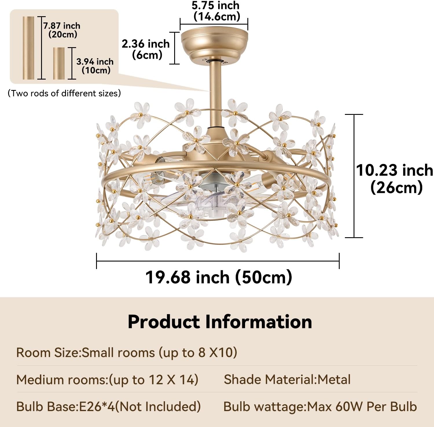youngrender 20 Inch Gold Caged Ceiling Fan with Light, Flower Chandelier Ceiling Fan with Lights Remote Control, Frower Crystal Fandelier 6 Speeds for Girl's Bedroom, Living Room