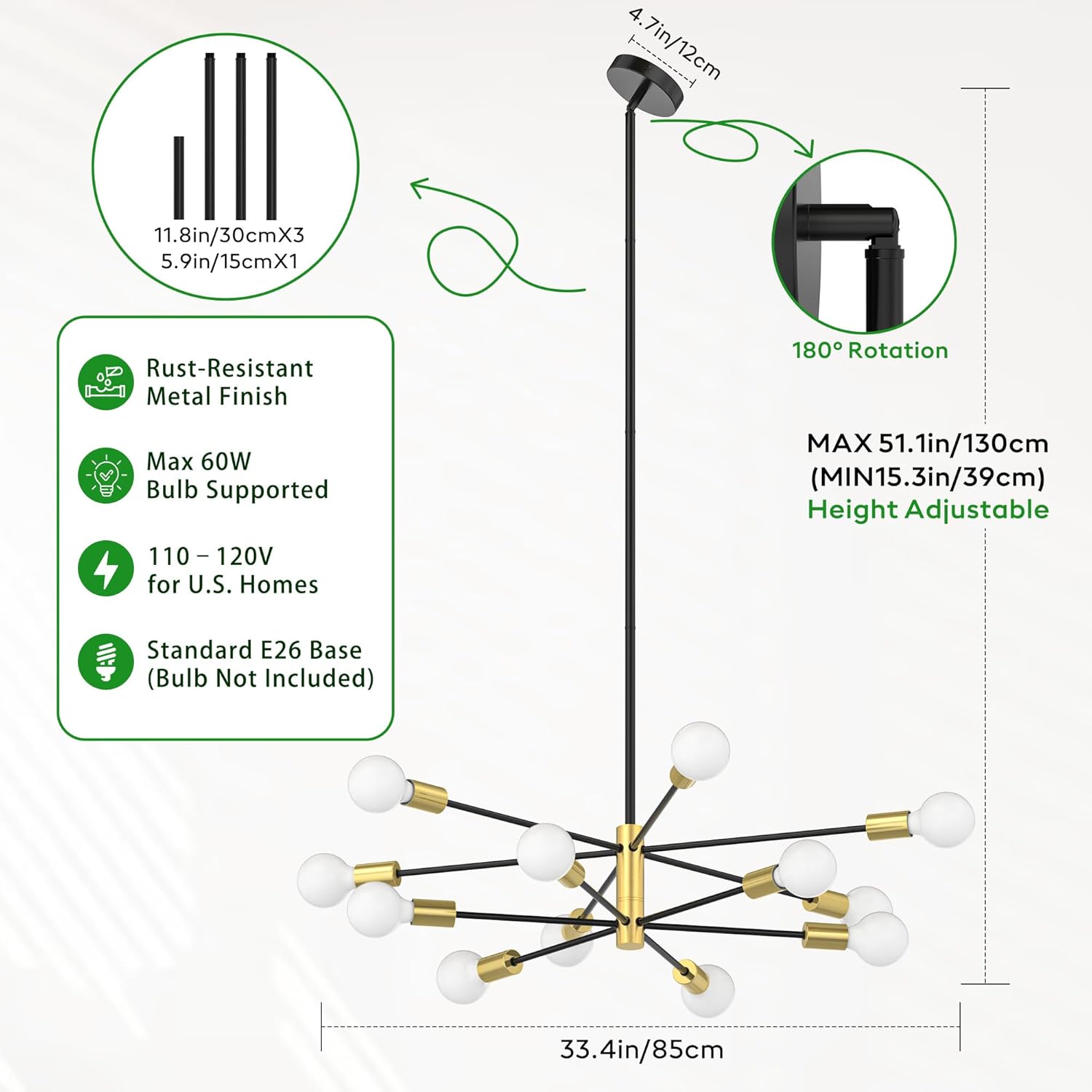 Phaosio Sputnik Chandelier 12-Light, Mid Century Modern Height Adjustable Ceiling Light Fixture for Dining Room, Kitchen Island, Living Room,Bedroom-Black and Gold