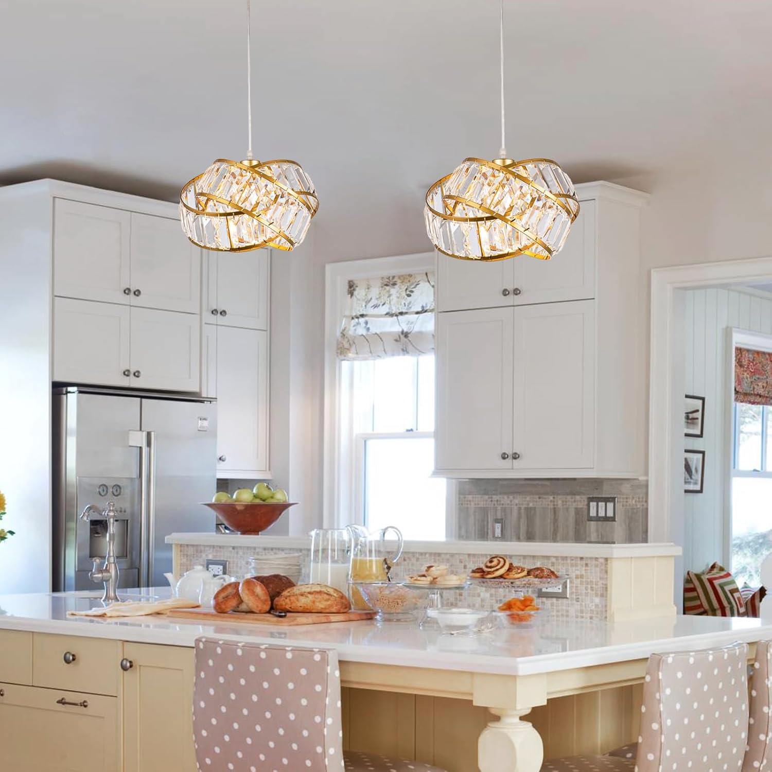 MPDITO Modern Crystal Chandelier Light Fixure Mid Century Modern Geometric Golden Retro Ring Chandelier Modern Small Crystal Gold Chandeliers for Dining Room, Kitchen Island, Bedroom, Hallyway