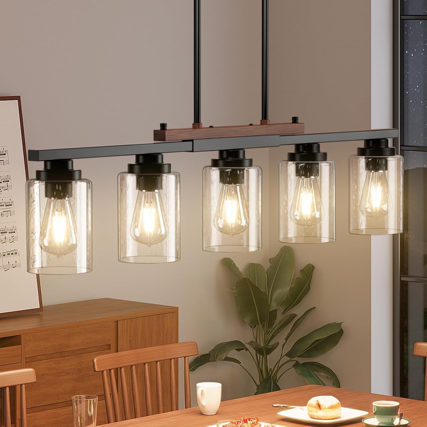 Amico Dining Room Light Fixture 5-Light Kitchen Island Lighting with Adjustable Rods, Farmhouse Decor Black Metal & Wood Chandelier with Seeded Glass Shade, Island Lights for Kitchen