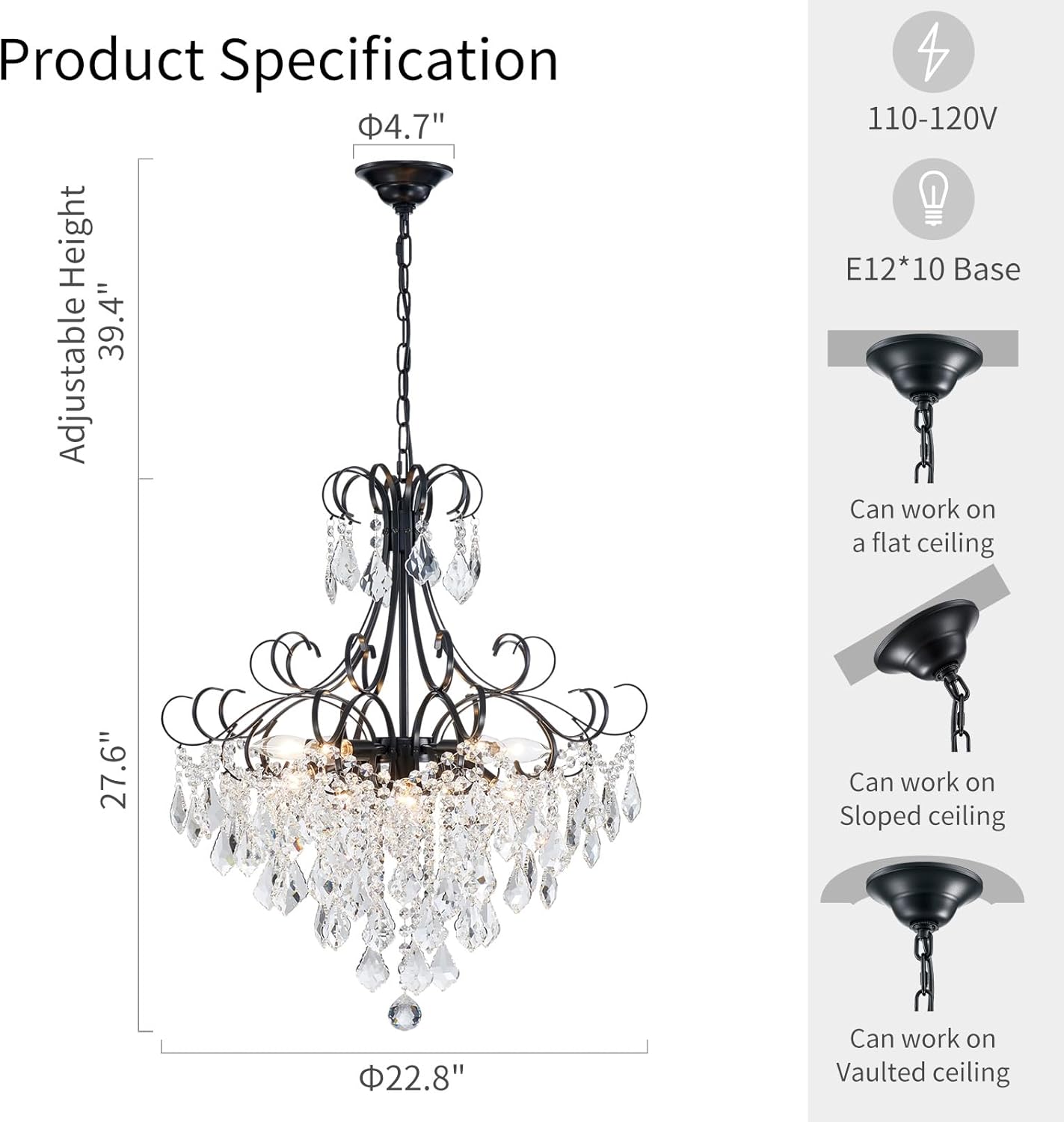 WUZUPS Crystal Chandelier 10-Light Pendant Ceiling Light Modern Lighting Fixture for Dining Room Hallway Bedroom Kitchen Bathroom, H 27.6" x W 22.8", E12 Base, Black