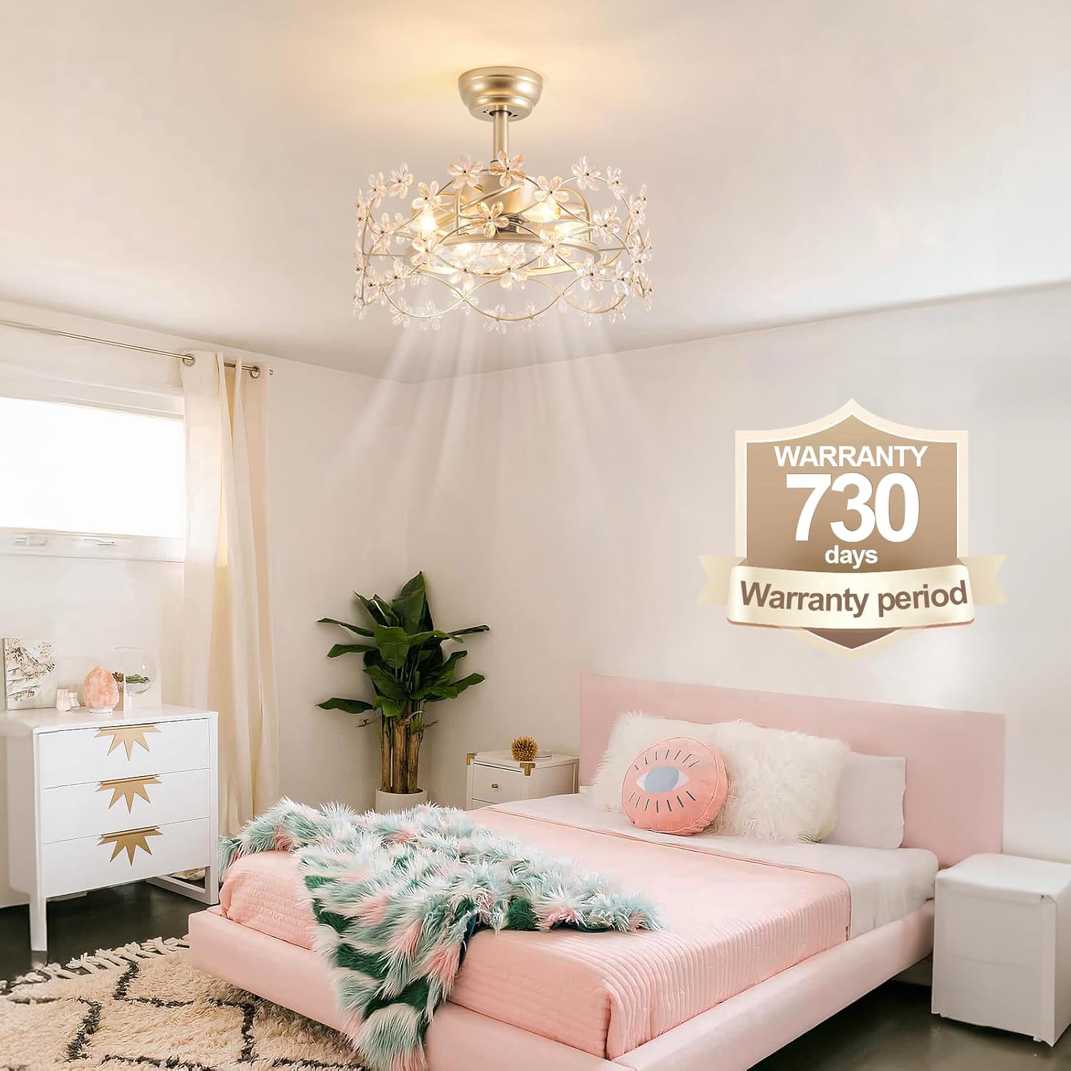 CELAVIEIOP 20" Gold Fandelier Ceiling Fan with Light, Flower Crystal Chandelier Ceiling Fan with Light and Remote Control, Modern Caged Enclosed 6 Speeds for Girl's Bedroom, Nursery, Living Room