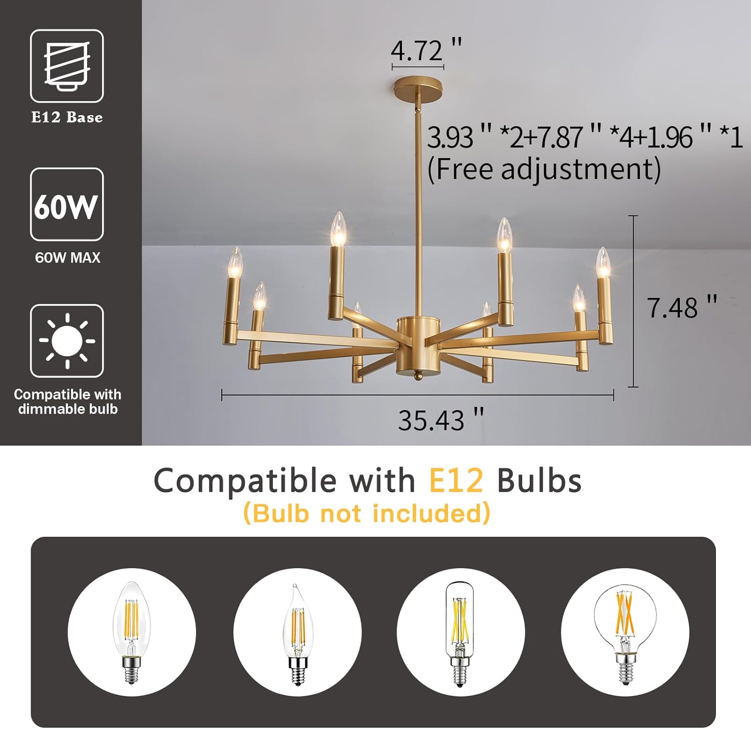 ASGYISA 8-Light Gold Candle Chandeliers Modern Farmhouse Ceiling Light Fixture Industrial Lighting for Dining Room Living Room Bedroom Kitchen Island Foyer