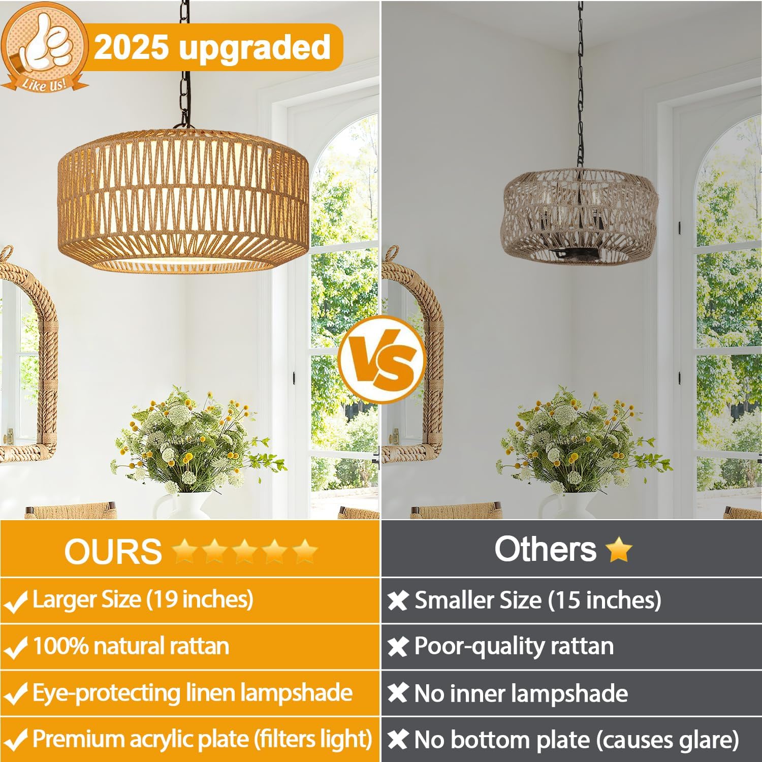 Farmhouse Chandelier Light Fixture, 5-Light Rattan Boho Chandeliers for Dining Room, Hand Woven Pendant Light with Linen Shade, Rustic Hanging Lighting for Kitchen Island, Bedroom (Bulb Not Included)