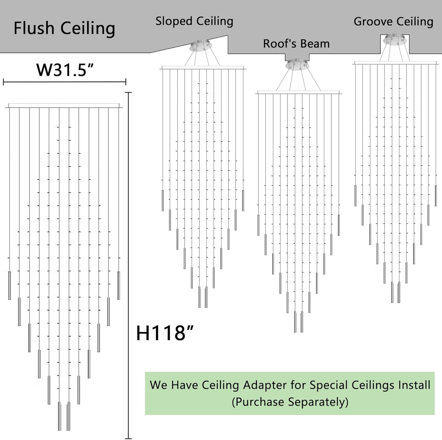 HAIXIANG W32 x H120 Glam Chandelier with LED Bulbs Square Chandeliers, Crystal Raindrop High Ceiling Pendant Light for Entrance Large Villa Chandelier Foyer Lighting Fixtures Silver