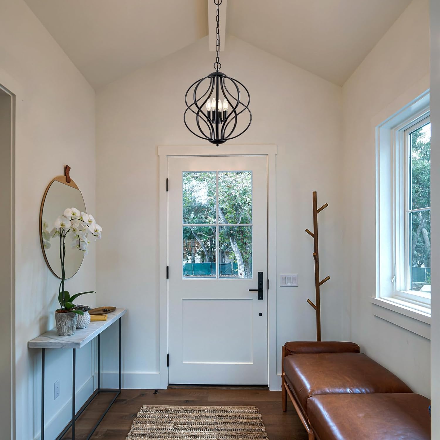 YURNYQ Modern Black Chandelier for Dining Room, 4 Lights Geometric Chandeliers, Sphere Chandelier Industrial Large Pendant Light Fixtures Hanging for Kitchen, Entryway, Foyer, Stairs