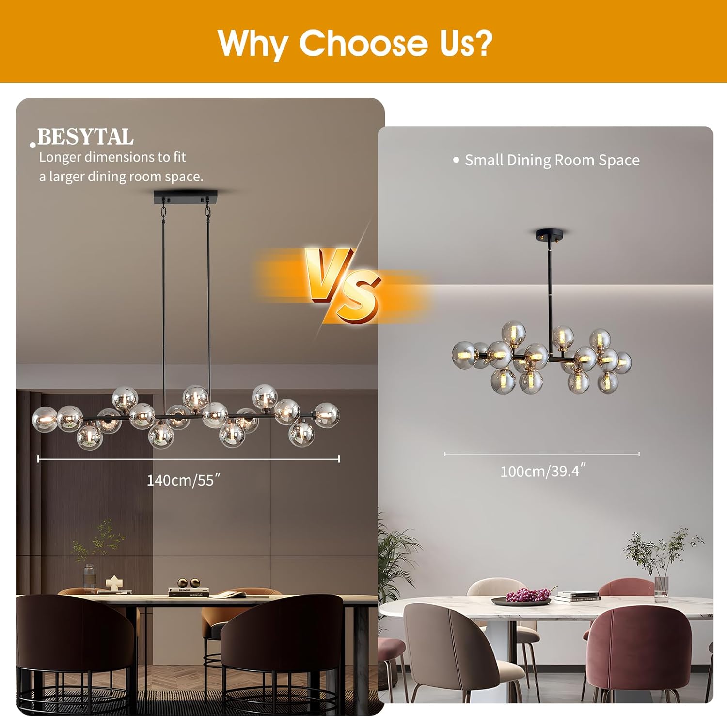 Besytal Black Chandeliers for Dining Room, 55" Mid Century Modern Chandelier with 16 Grey Glass Lampshades, Large Linear Sputnik Chandelier for Dining Room Kitchen Island - Black