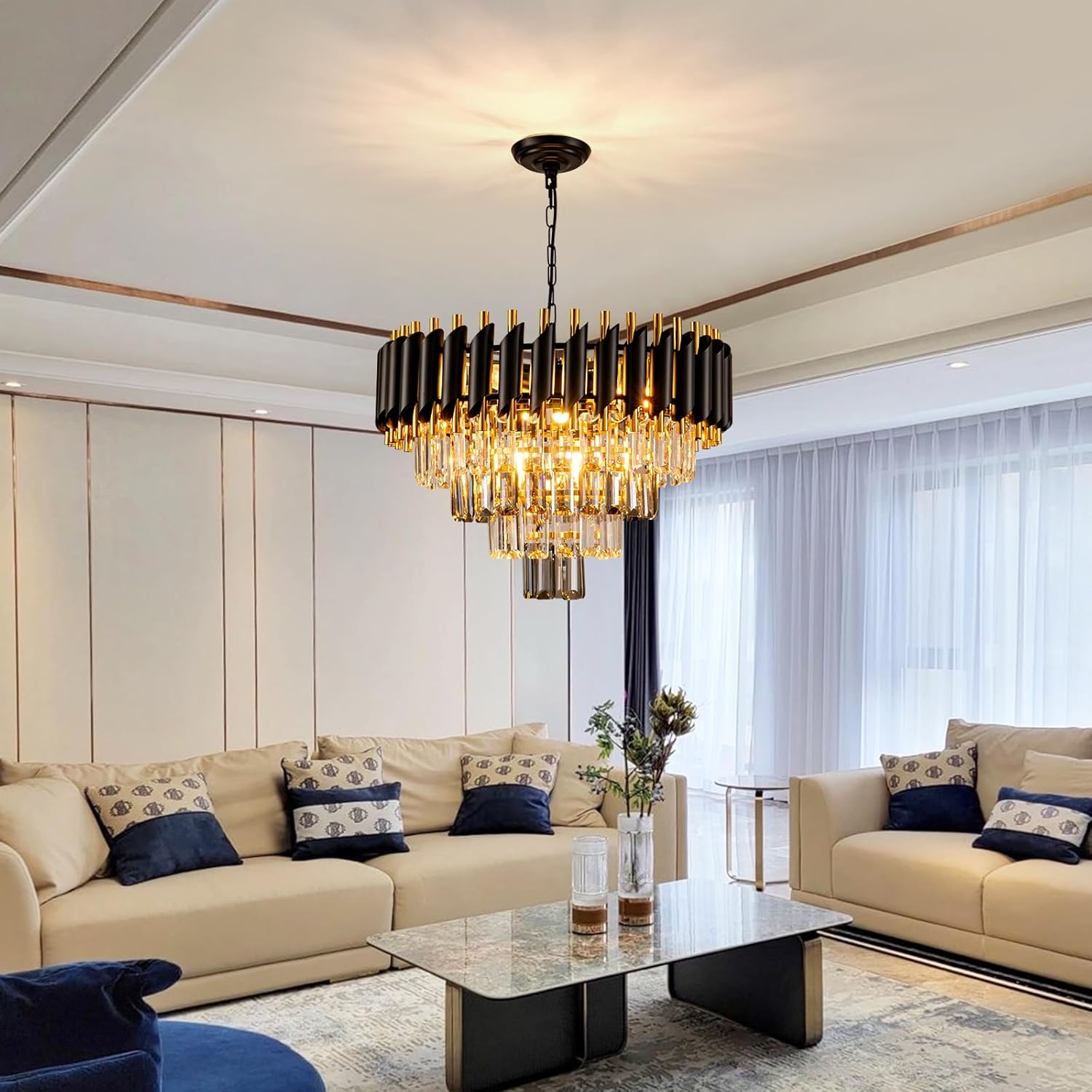 Aixialin 7-Light Modern Crystal Chandelier 20" Dining Room Light Fixtures 4 Tiers Flush Mount Smoke Grey and Gold Chandelier Round Chandeliers for Dining Room Living Room Kitchen Entryway Foyer