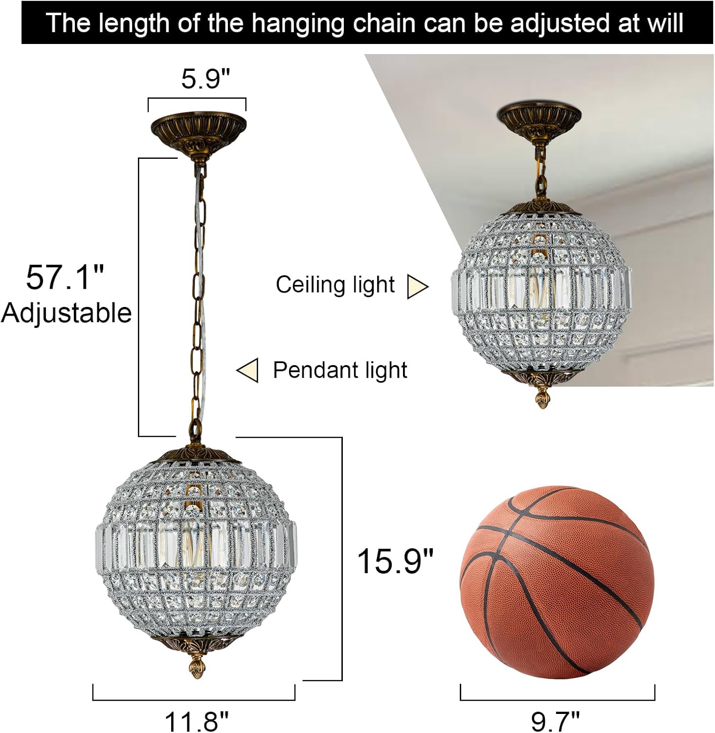 HUOKU Antique Crystal Globe Chandelier, 11.8" Vintage Small Sphere Chandelier Crystal Pendant Light Fixture for Foyer Dining Room Kitchen Island Bronze