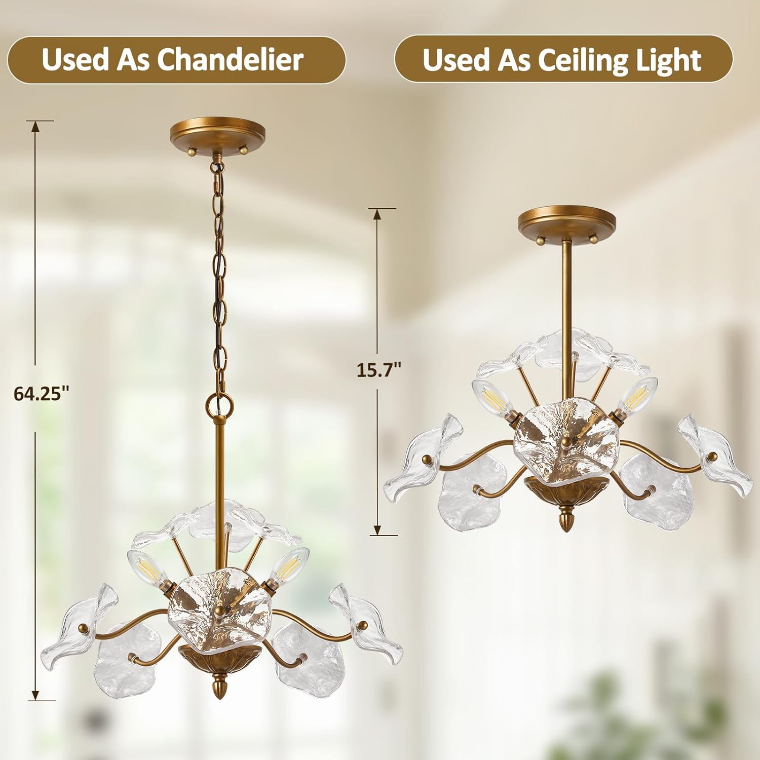 Luvkczc Modern Gold Chandelier,Vintage Brass Flower Glass Pendant Light Fixture,Mid Century Ceiling Light Fixture for Dining Room, Kitchen, Living Room, Bedroom Hallway Porch,3 Lights