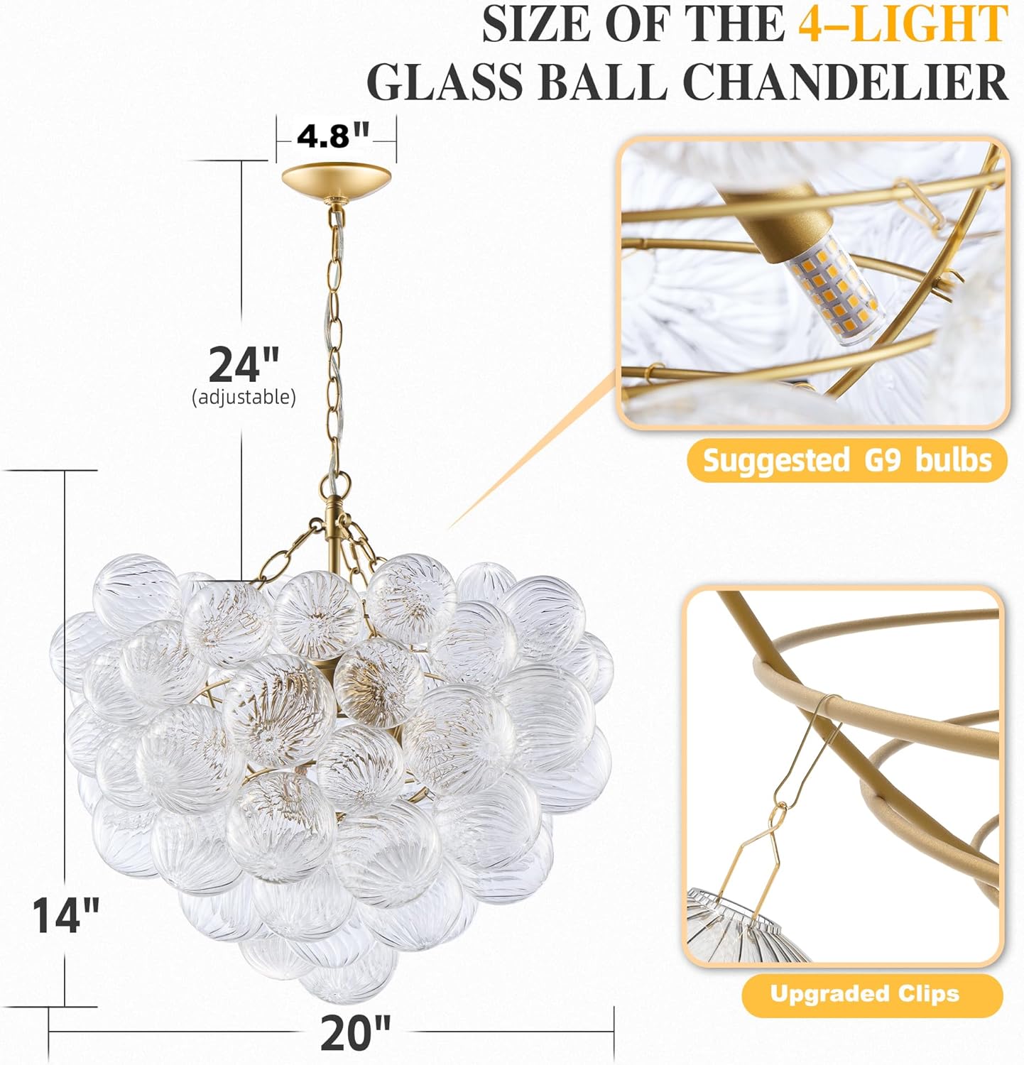 BeyPan Gold Bubble Chandelier Lighting Dia 20" Swirled Clear Ribbed Hand Blown Glass Ball Chandeliers Hanging Decorative Light Fixture for Living Room Hallway Entryway Foyer Dining Room