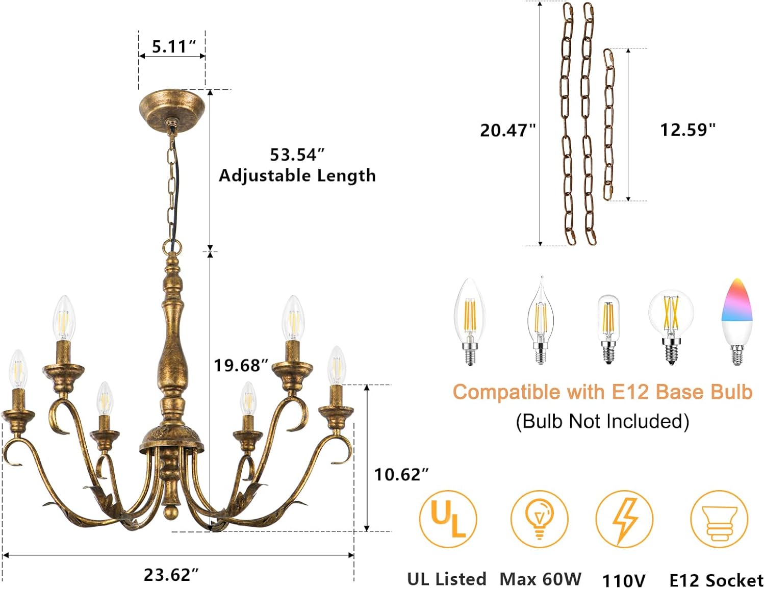 KMaiPem 6-Light Farmhouse Chandelier, 23.62'' Vintage Brass Gold Chandeliers for Dining Room, Adjustable Rustic Metal Hanging Pendant Light Fixture for Kitchen Island Entryway Foyer Bedroom Hallway
