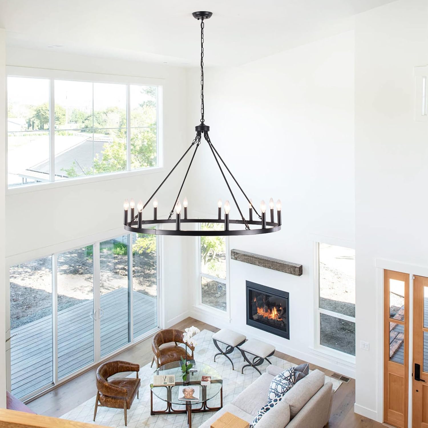 Wagon Wheel Chandelier 12 Light 38" Large Black Farmhouse Chandelier for Dining Room Rustic Country Pendant Light Fixtures Hanging Modern Round Chandeliers for Living Room High Ceilings Foyer Entryway