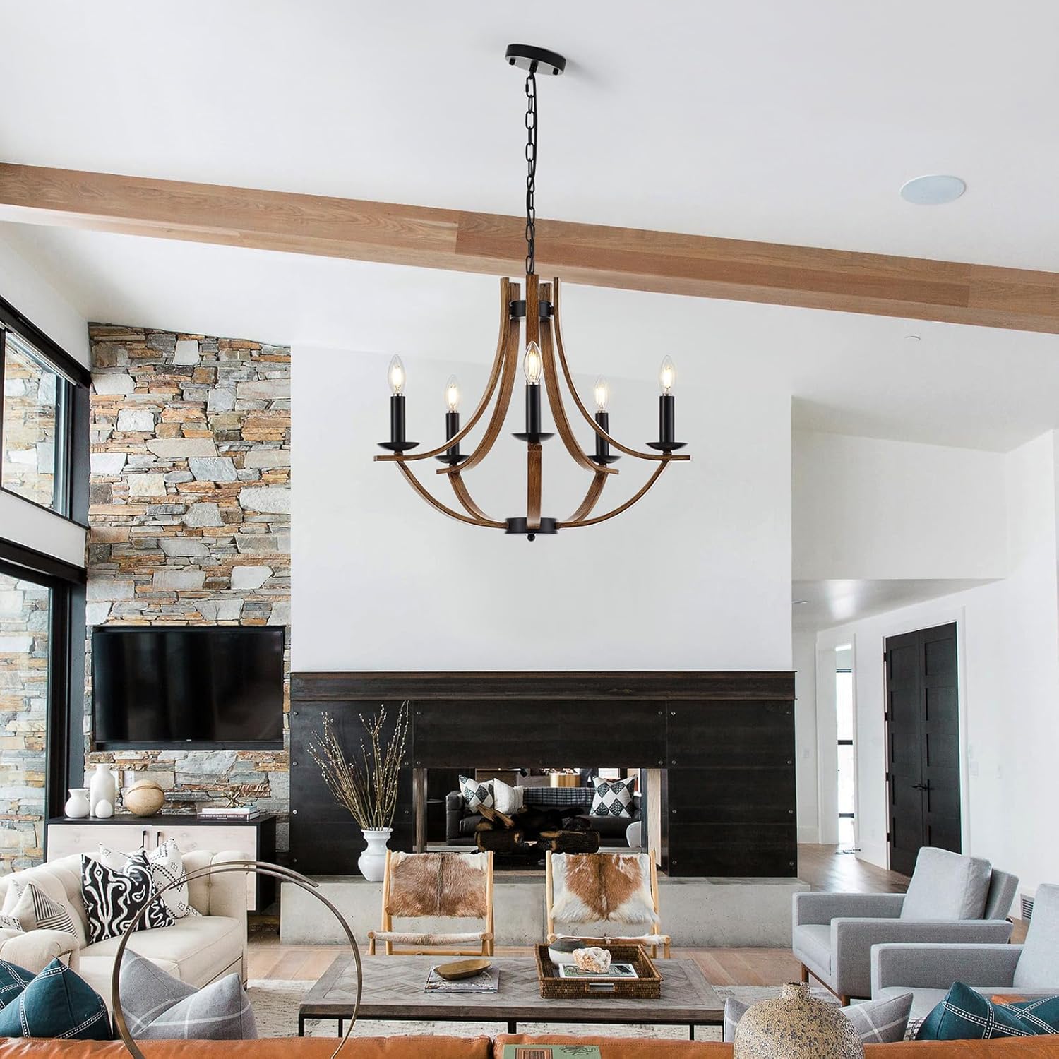 Widluth 22u201C Farmhouse Wooden Chandelier Modern Vintage 5-Lights Candle Style Chandeliers with Wood Finish Metal Industrial Retro Rustic Black Chandelier for Dining Room, Kitchen, Living Room, E12