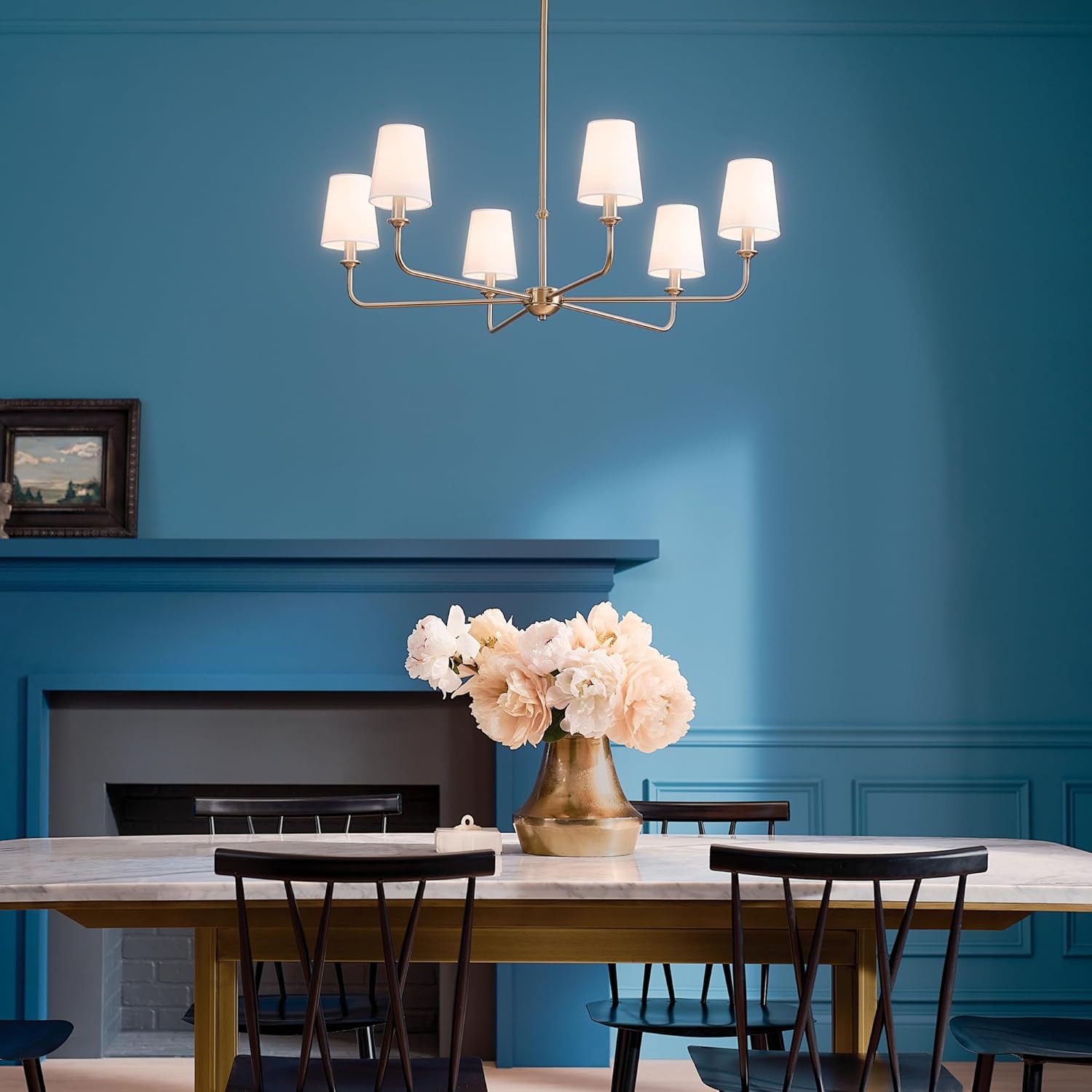 Kichler Pallas 6-Light Chandelier in Brushed Natural Brass, Classic Ceiling Light Fixture with Optional Linen Tapered Shades for Foyer, Living Room, or Dining Room, (32.25" W x 13.75" H), 52516BNB