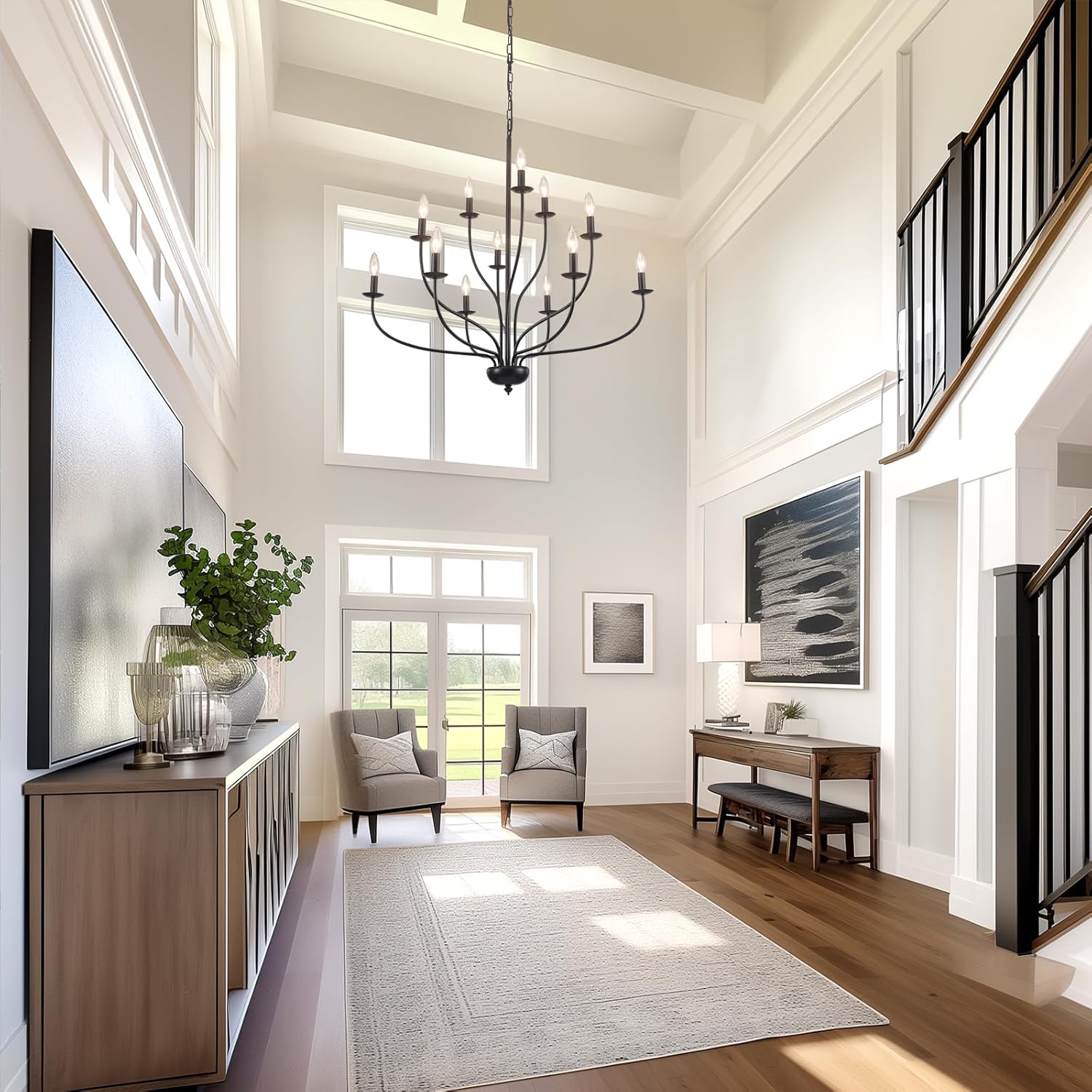 Black Chandelier 12 Light, Large Modern Farmhouse Chandeliers for Dining Room, Industrial Candle Pendant Lighting Fixture for Foyer Hallway Entryway High Ceiling, Bedroom, Living Room, Kitchen E12