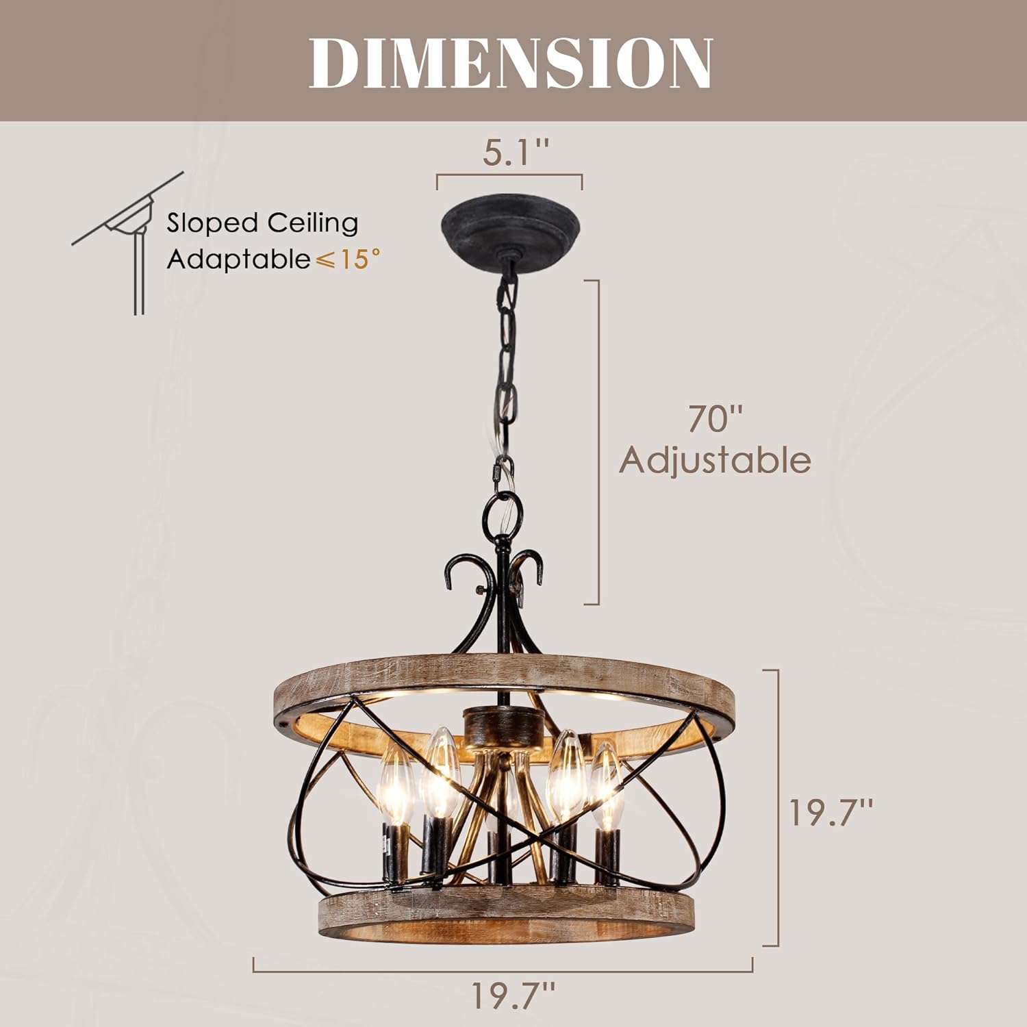20" Farmhouse Chandelier, Rustic Drum Chandelier Light Fixture Over Table, 5-Light Pendent Light for Dining Room Vintage Wood Chandelier for Bedroom Hanging Lamp for Kitchen
