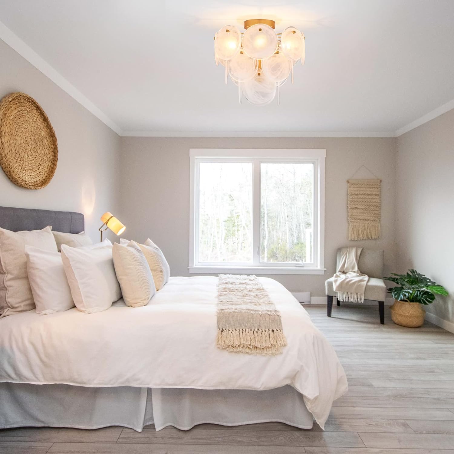 VANZARLA Modern Flush Mount Glass Ceiling Light, Gold Hallway Lights Vintage Chandelier, 4-Light Unique Light Fixture for Bedroom Entryway Loft Kitchen Laundry Bathroom Farmhouse