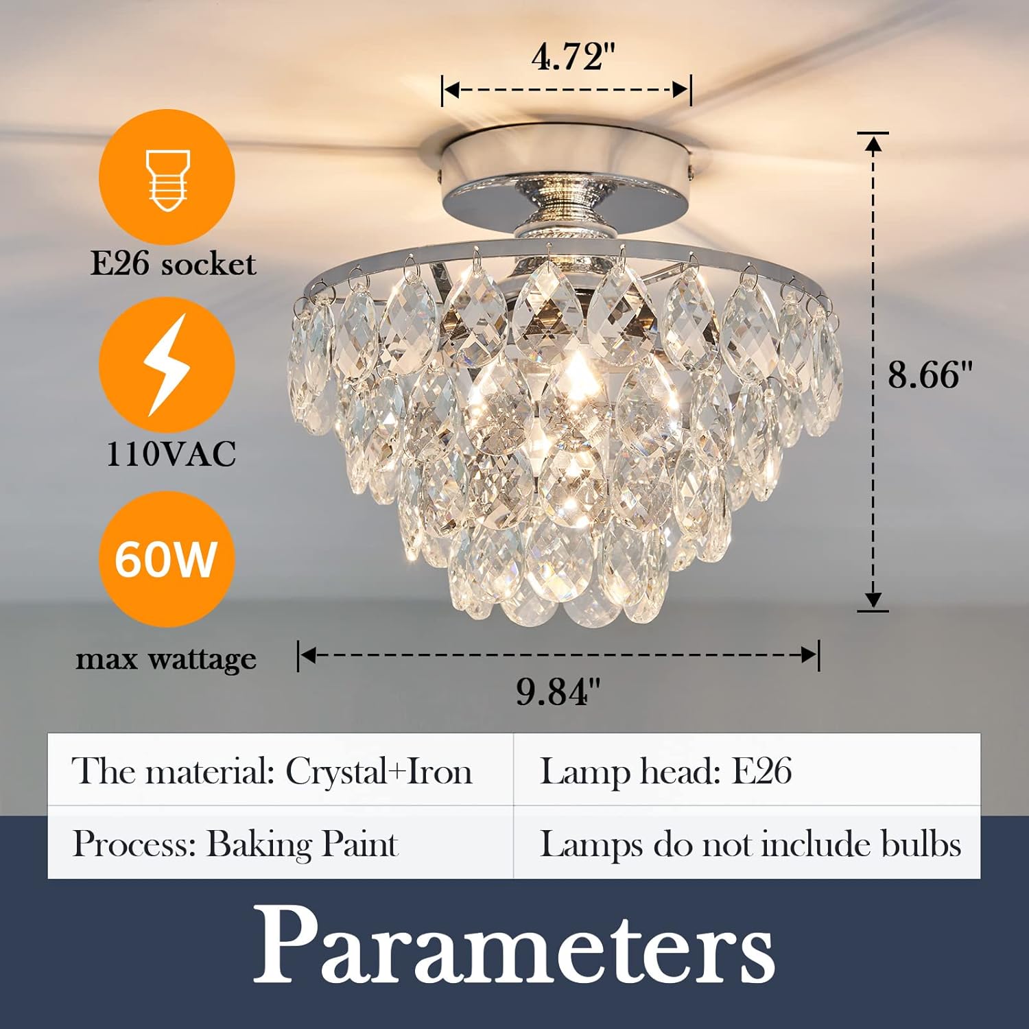 YYJLX Modern E26 Small Crystal Chandelier Semi Flush Mount Ceiling Light Fixture Silver Ceiling Lamp for Hallway Bedroom Bathroom Closet Bedroom Foyer （Chrome）