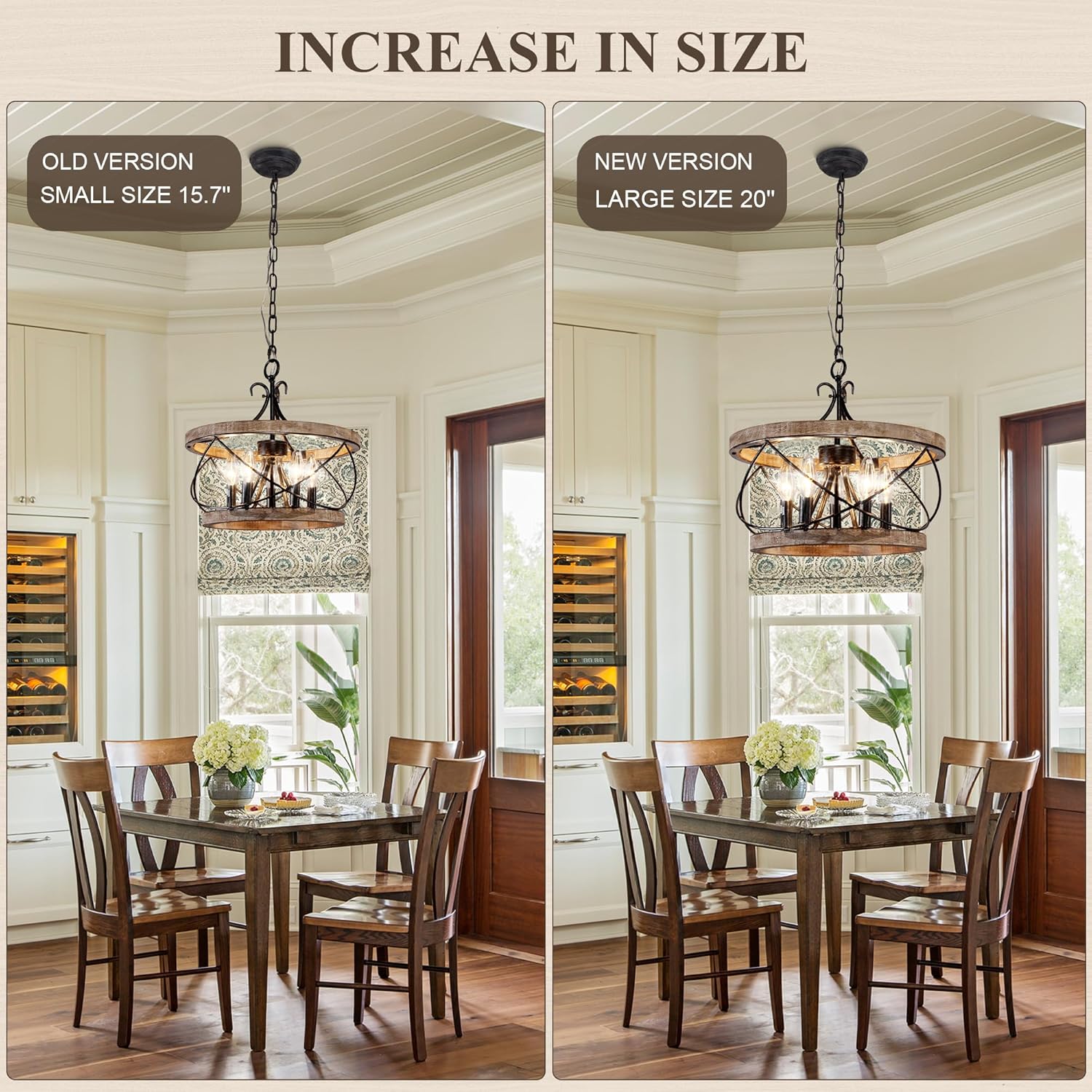 20" Farmhouse Chandelier, 5-Light French Country Drum Chandelier Over Table, Wood Chandelier for Kitchen Island Dining Room Entryway