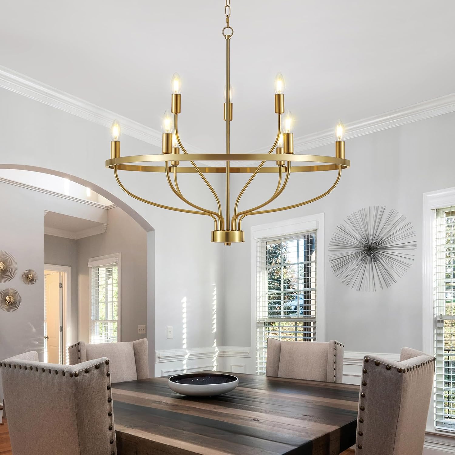Widluth 30" Modern Gold Chandelier Light Fixture Vintage 9-Lights Mid Century Modern Candle Style Chandeliers Rustic Industrial Golden Chandelier for Dining Room, Kitchen Island, Living Room, E12