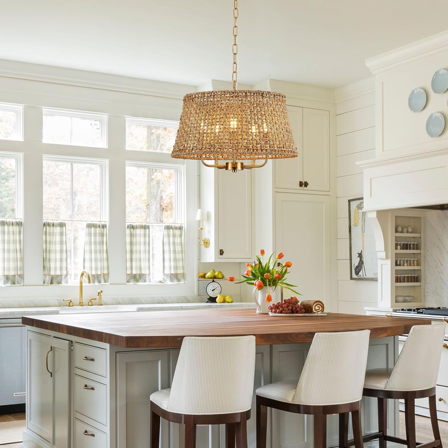 YOMECOO Hand-Woven Rattan Chandelier Vintage Farmhouse Boho Bamboo Chandeliers Light Fixture Retro Drum Wicker Rattan Gold Chandelier for Dining Room, Kitchen, Living Room