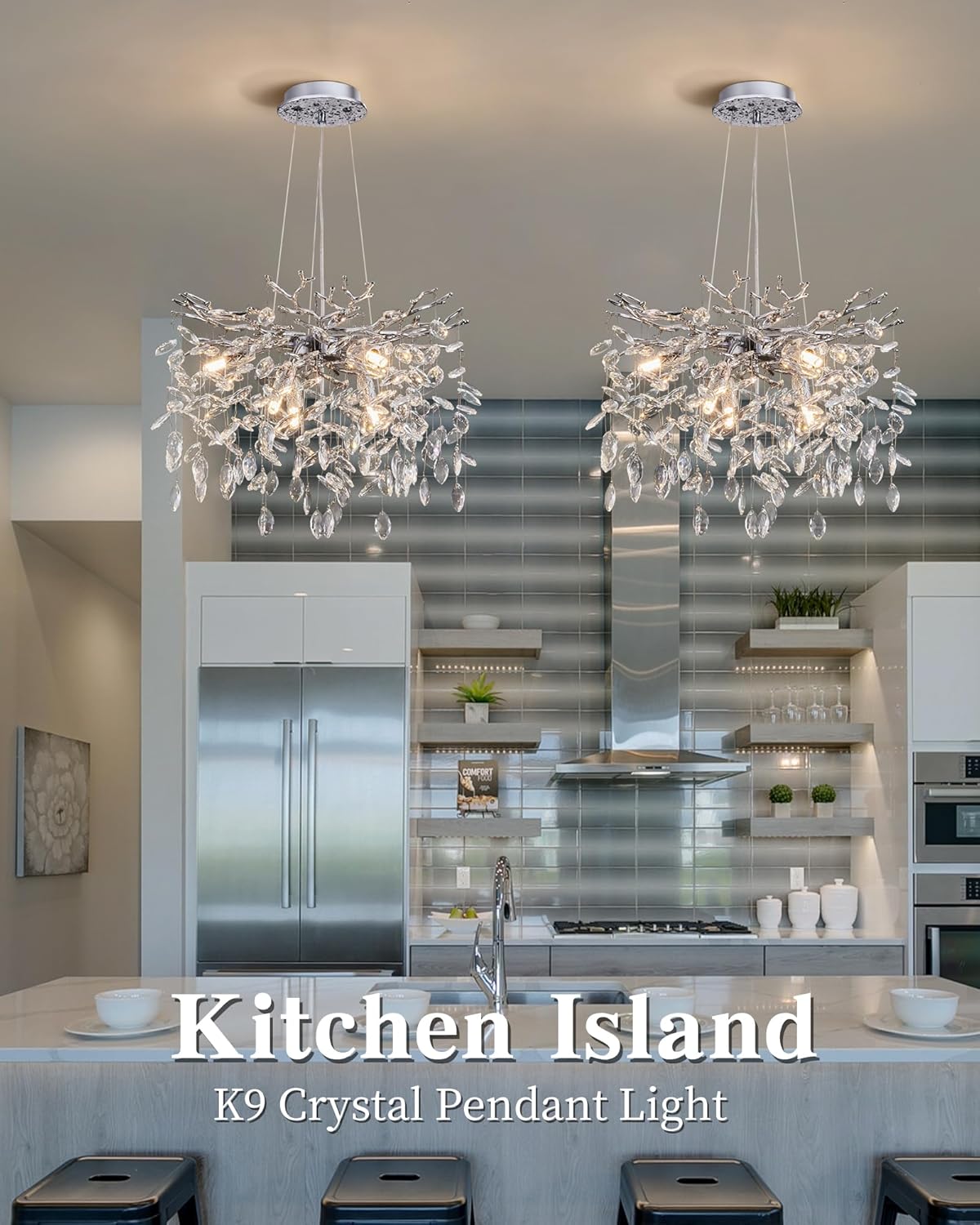 witkey Modern Tree Branch Crystal Chandelier Luxury Silver Crystal Pendant Lighting 18" Contemporary 6-Light Chandeliers for Dining Room Kitchen Bedroom Living Room