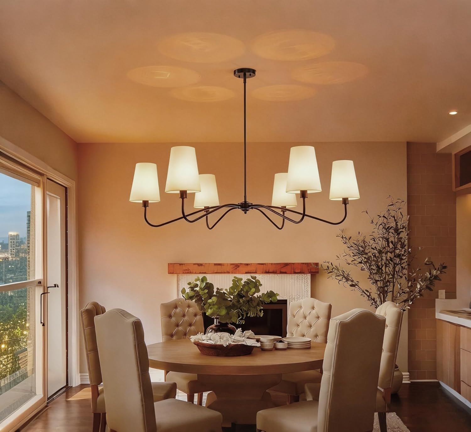 47'' Modern Chandelier with Shades, Farmhouse Chandeliers for Dining Room Light Fixture, 6-Light Large Black Chandelier, Height Adjustable Traditional Chandeliers for Living Room Kitchen E12 Base