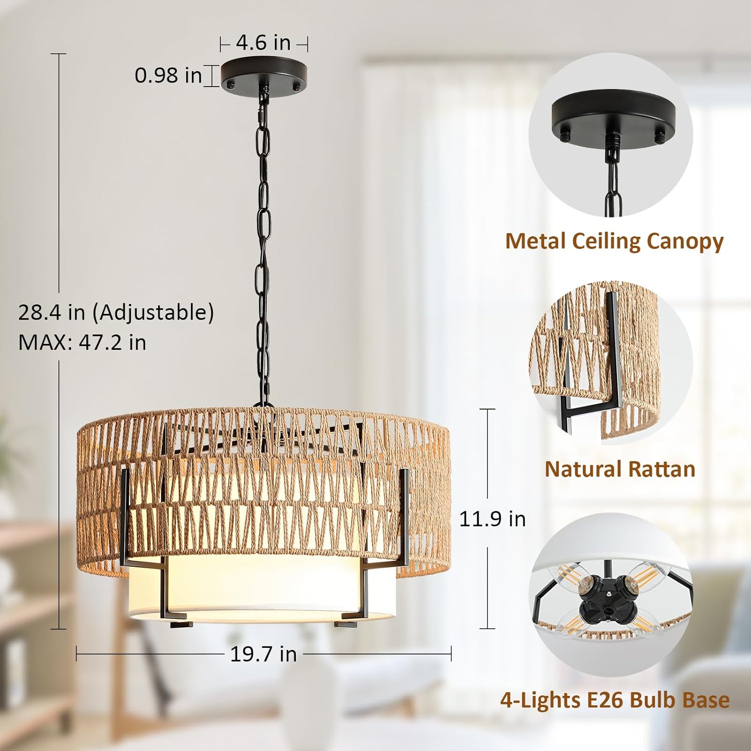 SupMaka Boho Rattan Chandelier, 19.7" Rattan Pendant Light with Fabric Shade, 4-Light Farmhouse Ceiling Light Fixture Chandelier for Dining Room, Living Room, Bedroom, Kitchen Island, Foyer, Hallway