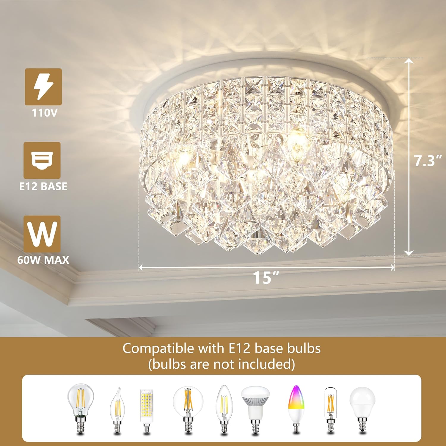 Maxax 4 Lights Crystal Chandelier, Modern Drum Ceiling Light Fixture Lamp, Raindrop Flush Mount Round Metal Shade, for Dining Room, Living Room, Bathroom, Bedroom, Chrome