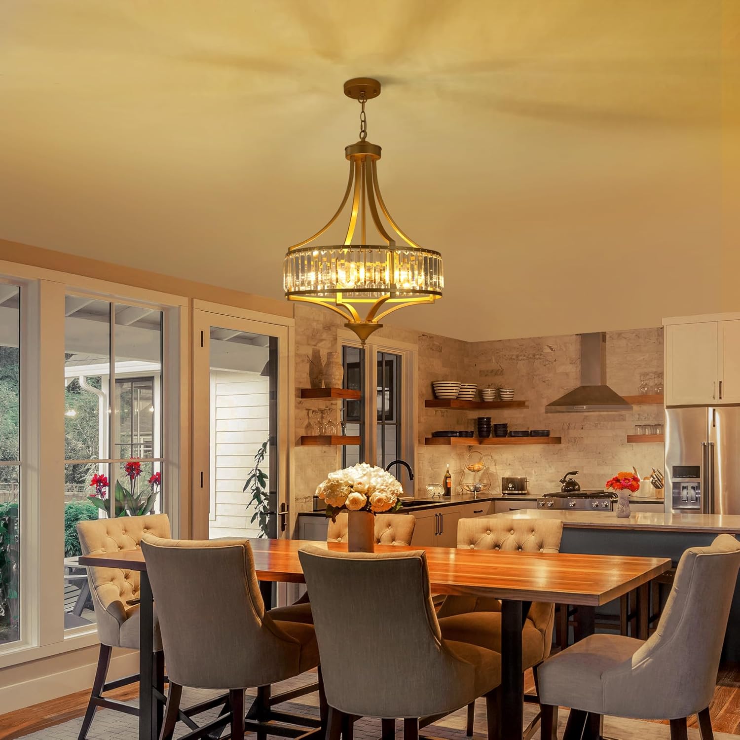 CNRATYE 20" Modern Crystal Chandelier, 5-Light Gold Dinning Room Light Fixtures Over Table, Hanging Round Pendant Chandelier for Kitchen Island Entryway Bedroom Office Bathroom Stairwell