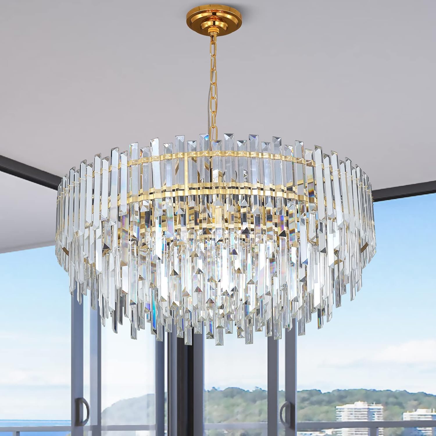 Lt-vt Gold Copper Crystal Chandelier Lighting 31'' for Dining Rooms Bedroom Foyer Entryway Ceiling Hanging Pendant Chandelier Light Fixture Lamp