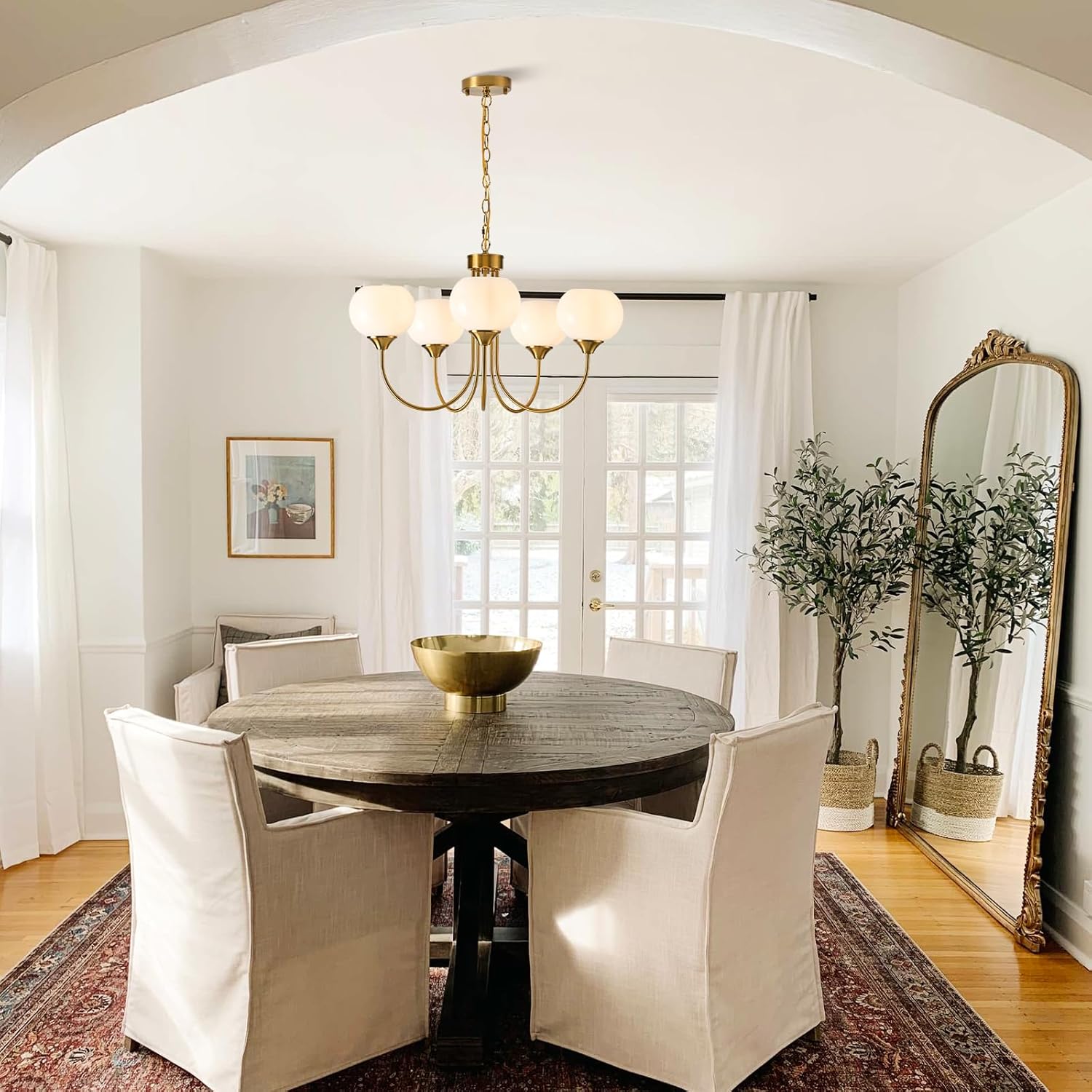 FEAZAC Modern Globe Chandelier 5 Light Mid Century White Milk Glass Vintage Sputnik Hanging Chandeliers Gold Pendant Light Fixtures for Dining Room Kitchen Living Room Bedroom